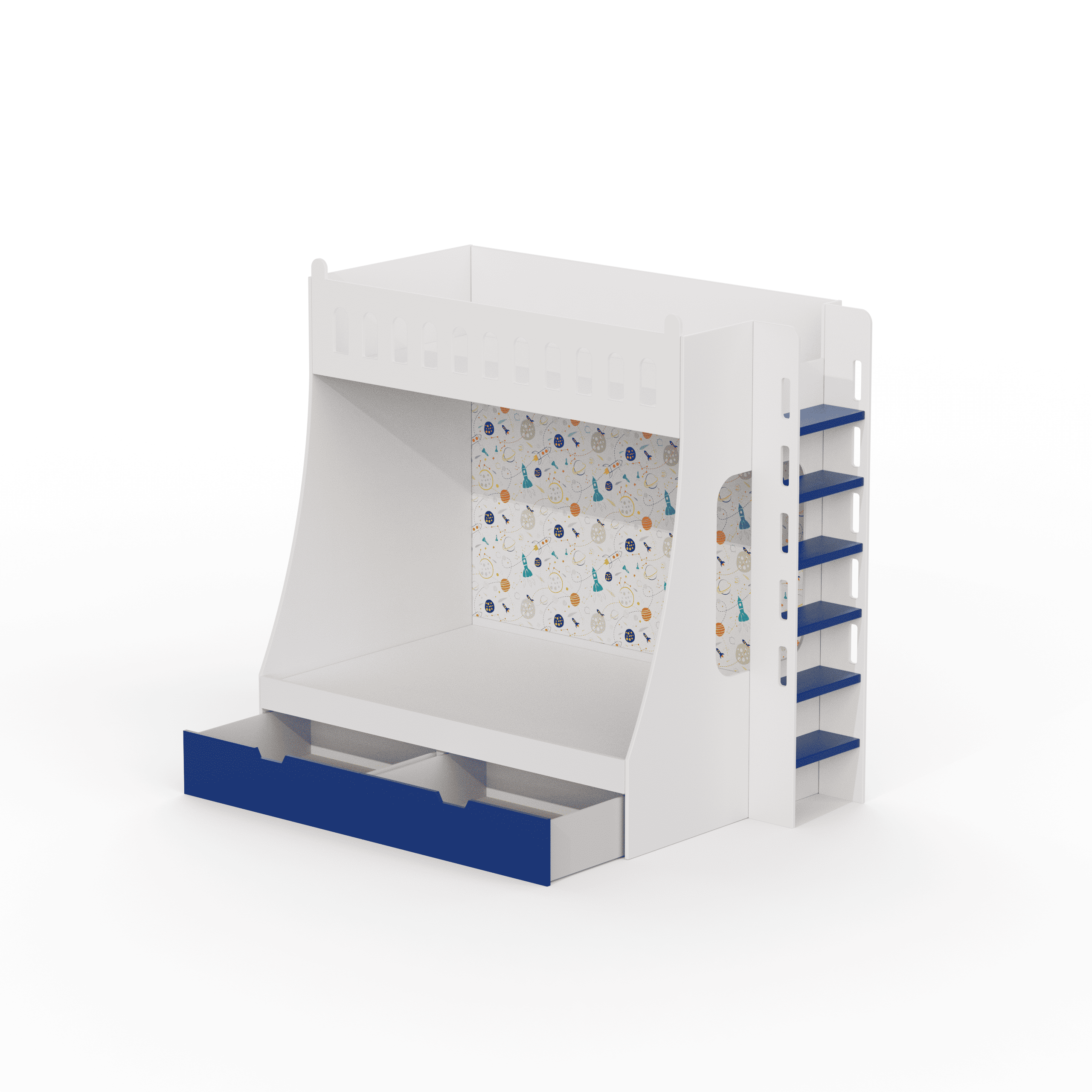 Galaxy Glide Bunk Bed With Drawers Storage And Ladder Space Print At The Back In White and Blue Colour