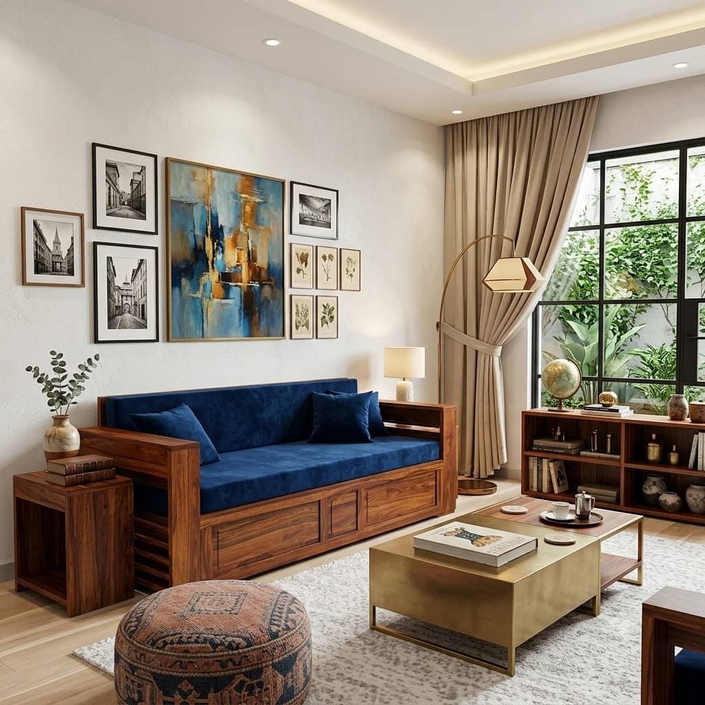 Dhuni Solid Wood Sofa cum bed  In Provincial Teak Finish - Demiwall