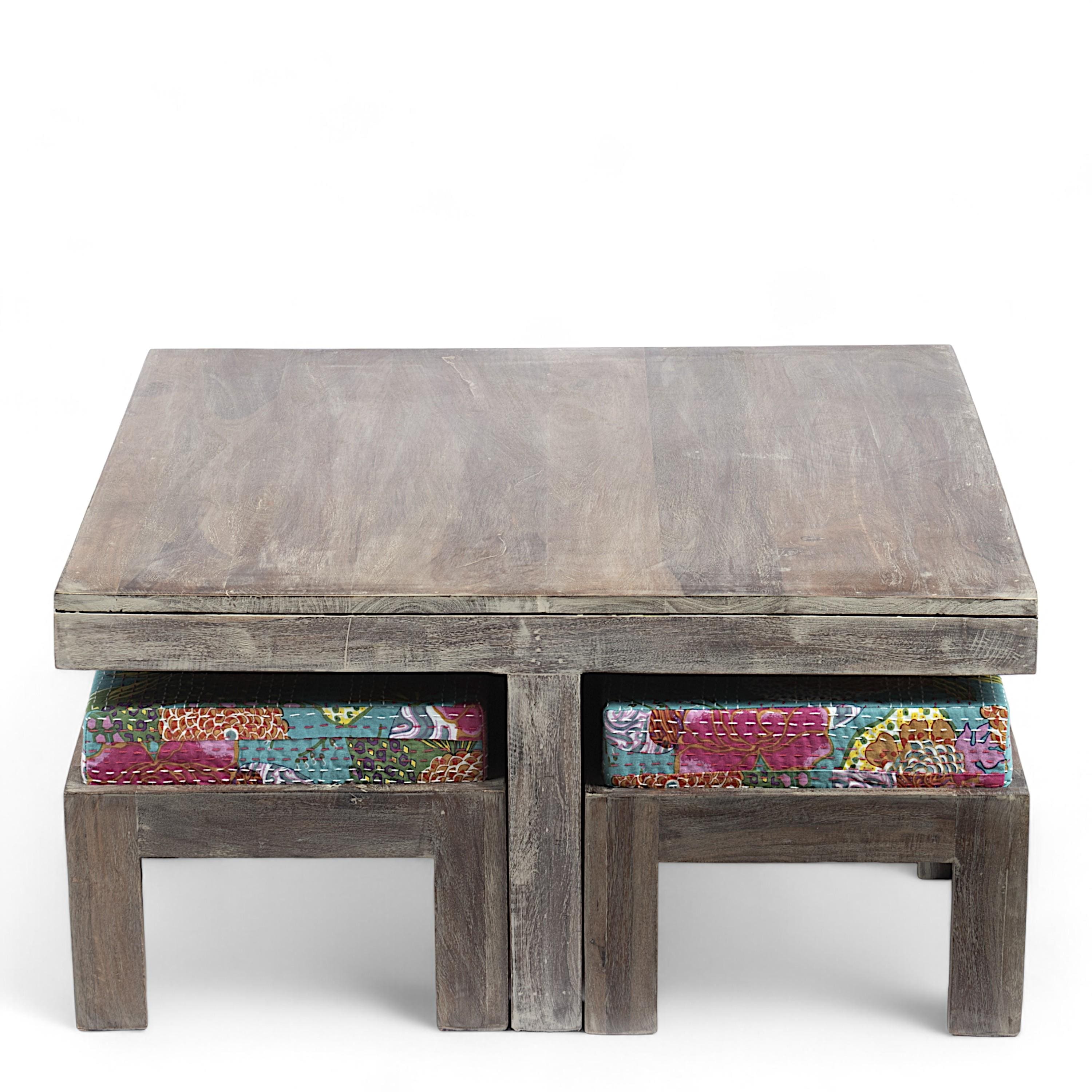 Blane Sheesham Wood 4 Seater Coffee Table Set In Antique Grey Finish Floral Print Green Kantha Cushion