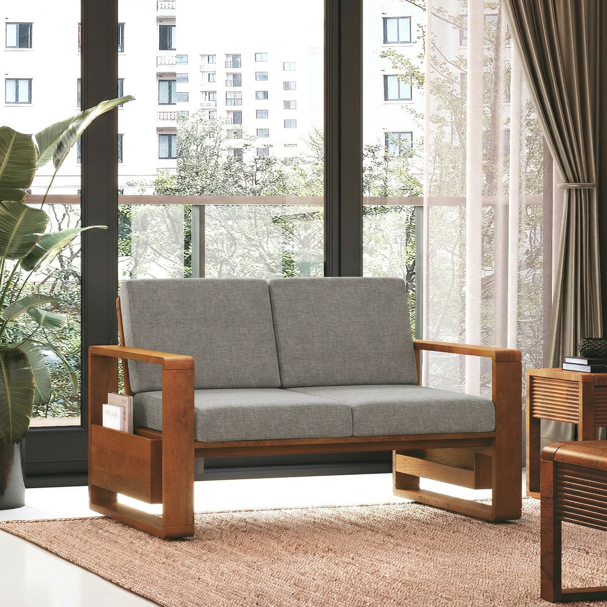 Moreno Two Seater Solid Wood Sofa In Amber Walnut Finish with Flint Grey Futon Colour