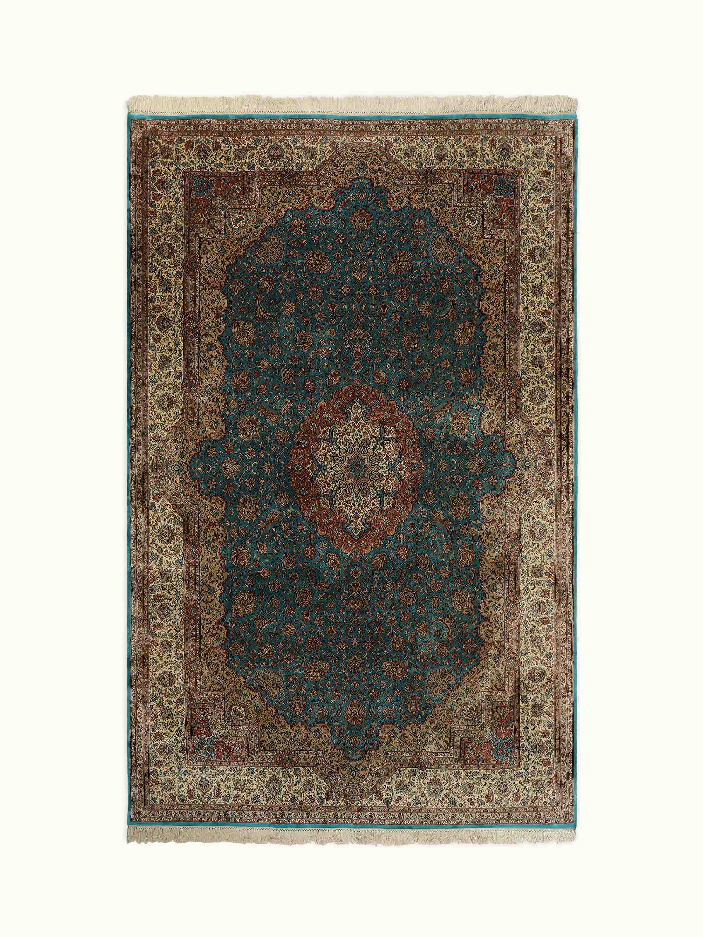 Traditional Persian Blue Tabriz Kashmir Silk Hand-knotted Rug