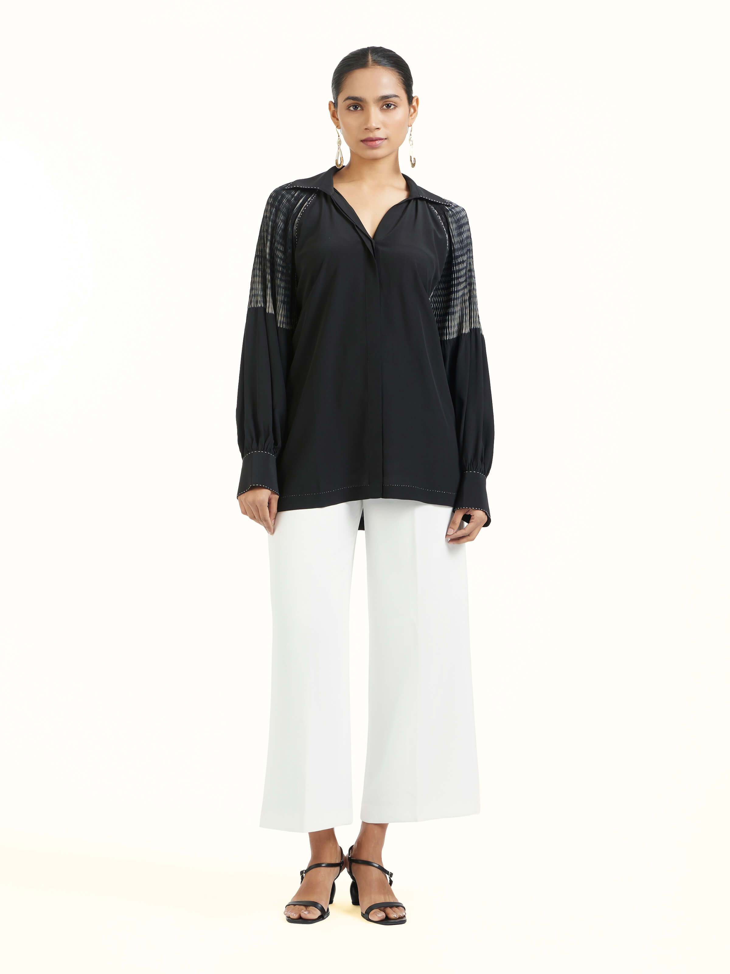 Front view of black silk Shibori top showing tie-dye patterns