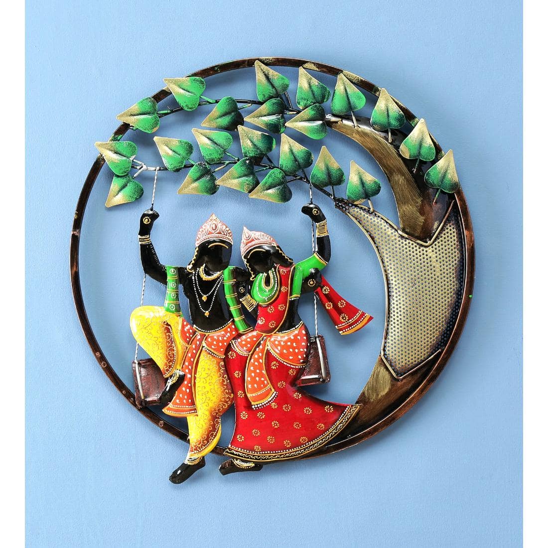 Desert Art Metal Handpainted Radha Krishna Jhula Wall Hanging in Multicolour - Desert Art