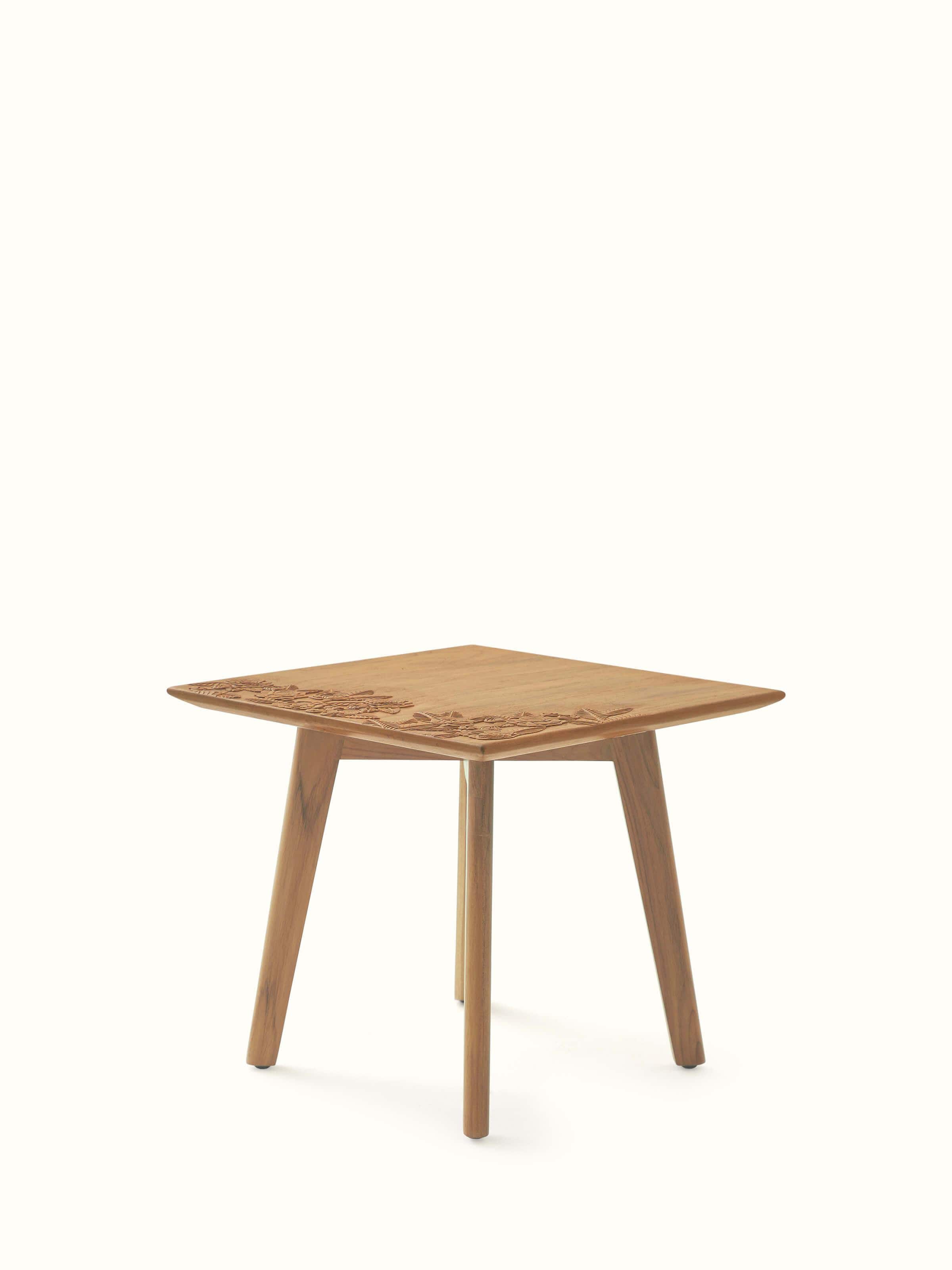 Close-up of Carved Teak Wood Square Side Table, focusing on the detailed carvings and craftsmanship