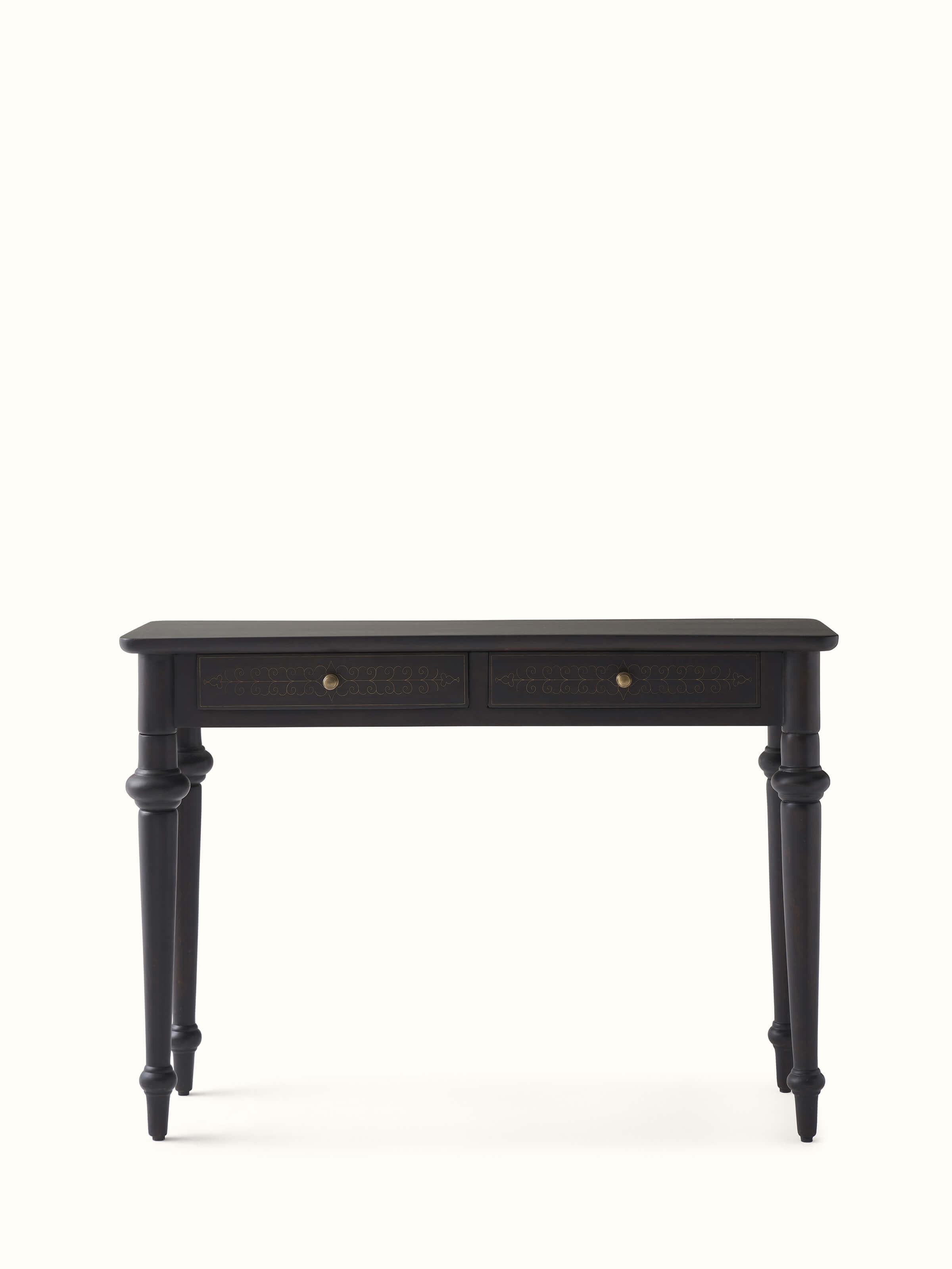 Front view of the Sheesham wood and brass tarkashi console table, highlighting its detailed brass inlay design.