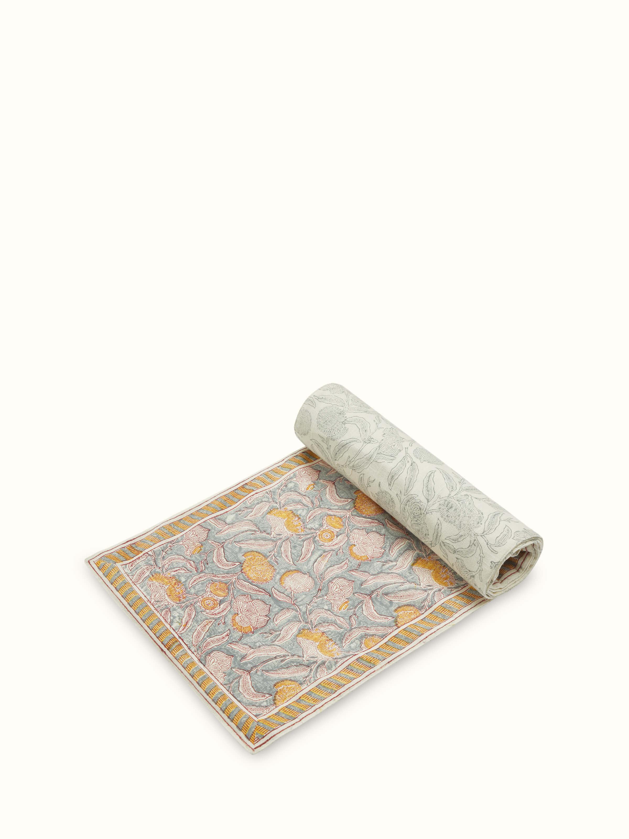 Samaha Grey Floral Cotton Sanganeri Hand Block Printed Table Runner (6 Seater)