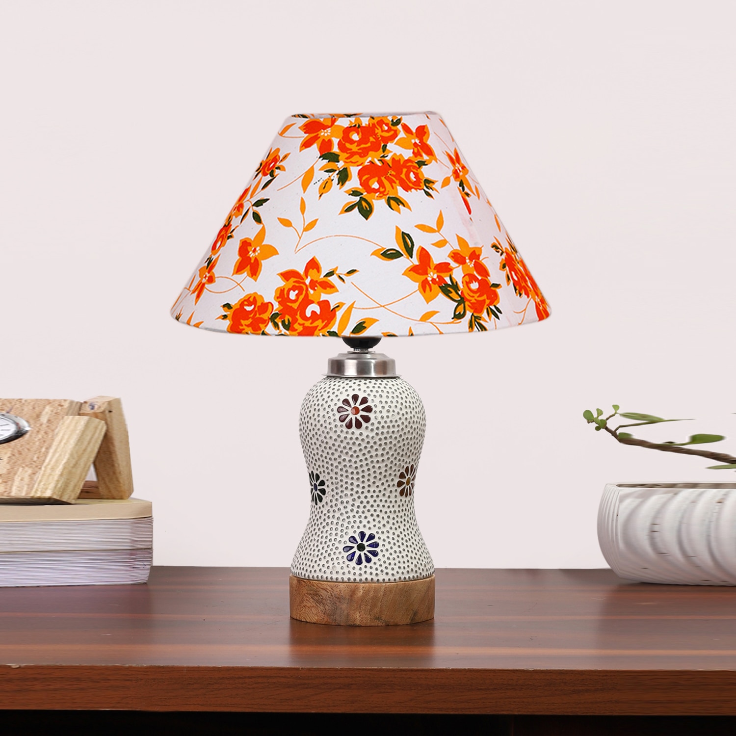 Devansh Conical Multi Cotton Shade Lamp With Wood & Mosaic Glass Base For Decoration/Office/Home/Gifting/Study For Decoration/Office/Home/Gifting/Study -(10X10X14.5) Inches -A