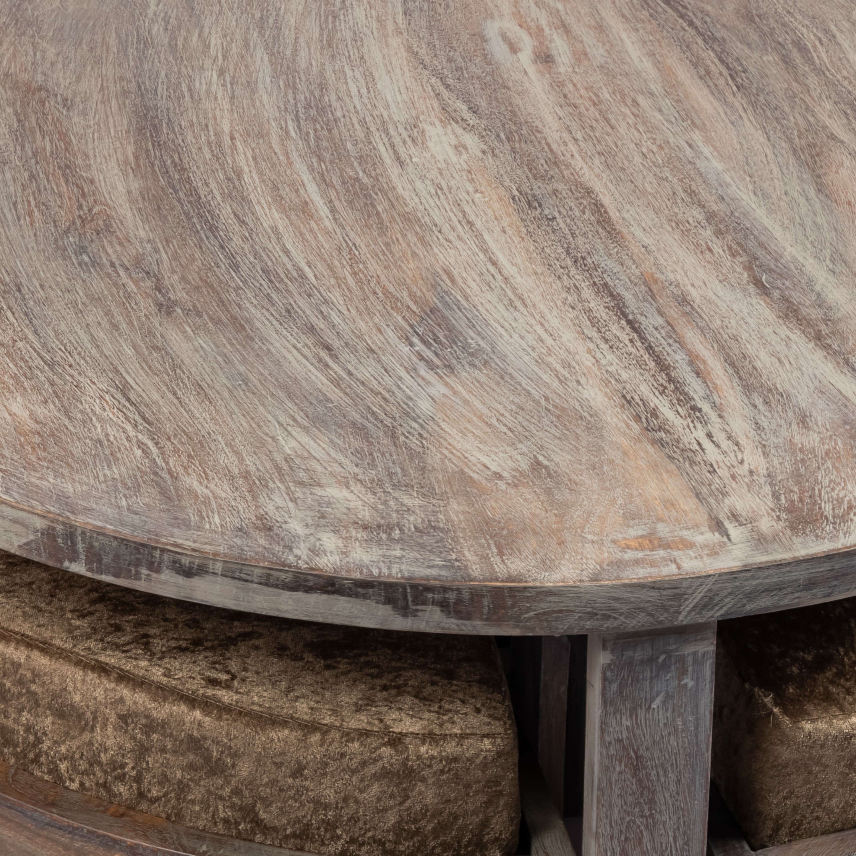 Nashville Sheesham Wood 4 Seater Coffee Table Set In Antique Grey Finish Green Sparkle Velvet Cushion