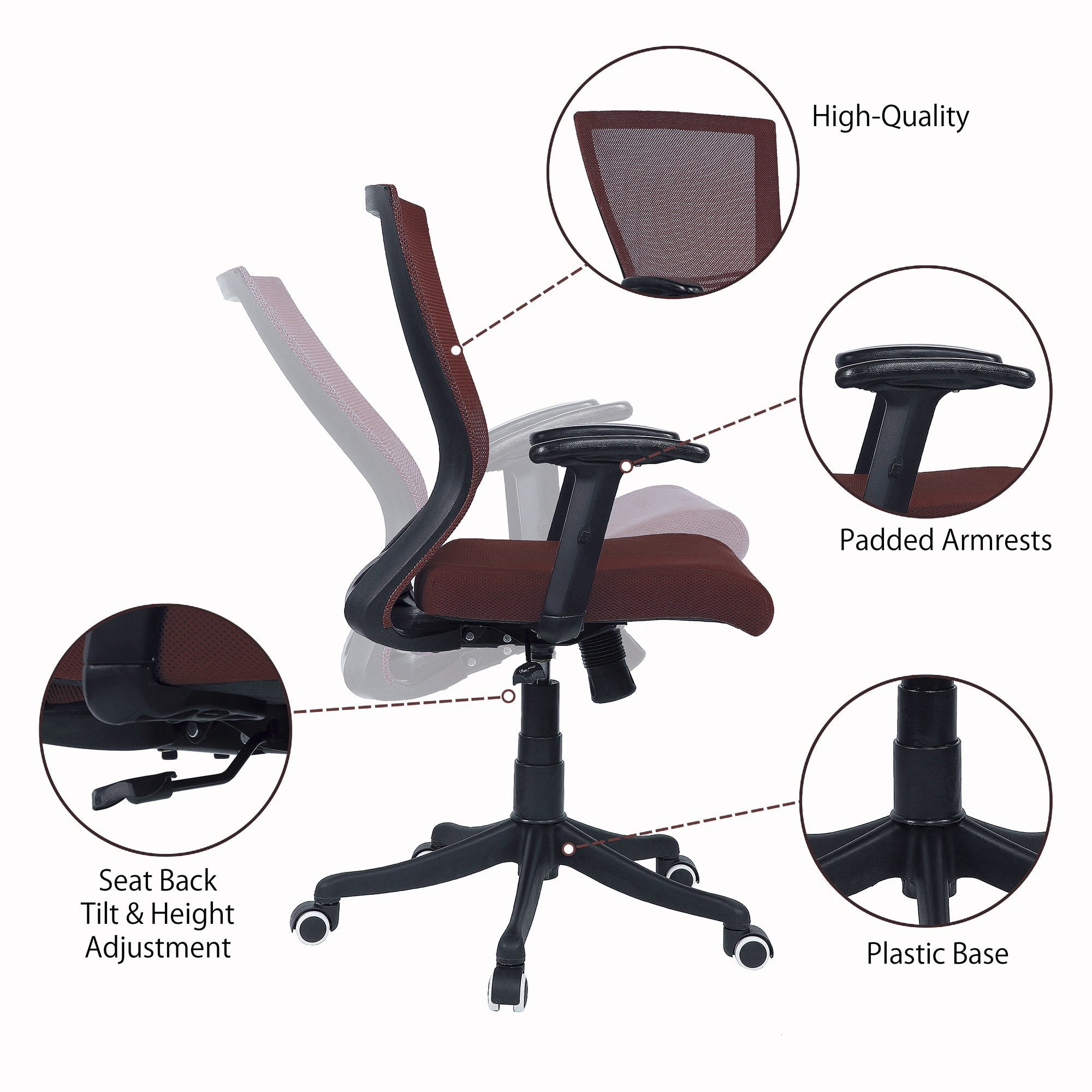 Ebeaony Mid Back Ergonomic Chair in Brown Colour