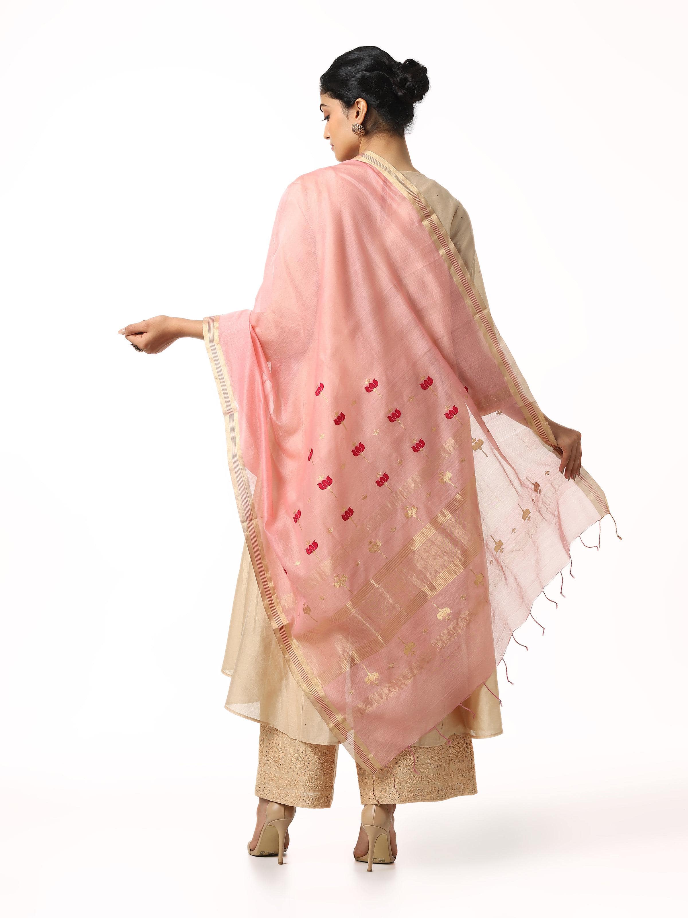 Back side showing light pink dupatta’s floral design spread