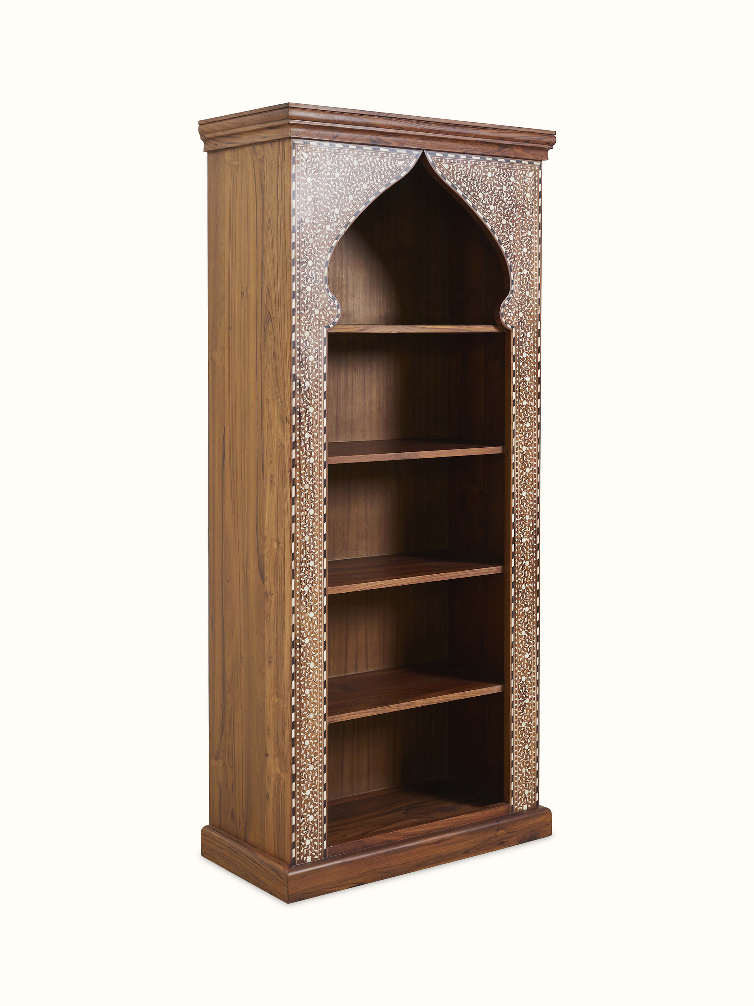 Angled view of Teak Wood Inlay Bookshelf