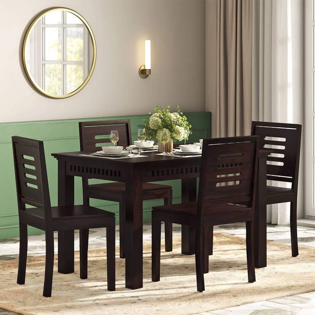 Fidora 4 Seater Dining Table With Set Of 4 Capra Dining Chairs (Finish- Mahogany, Colour- White)