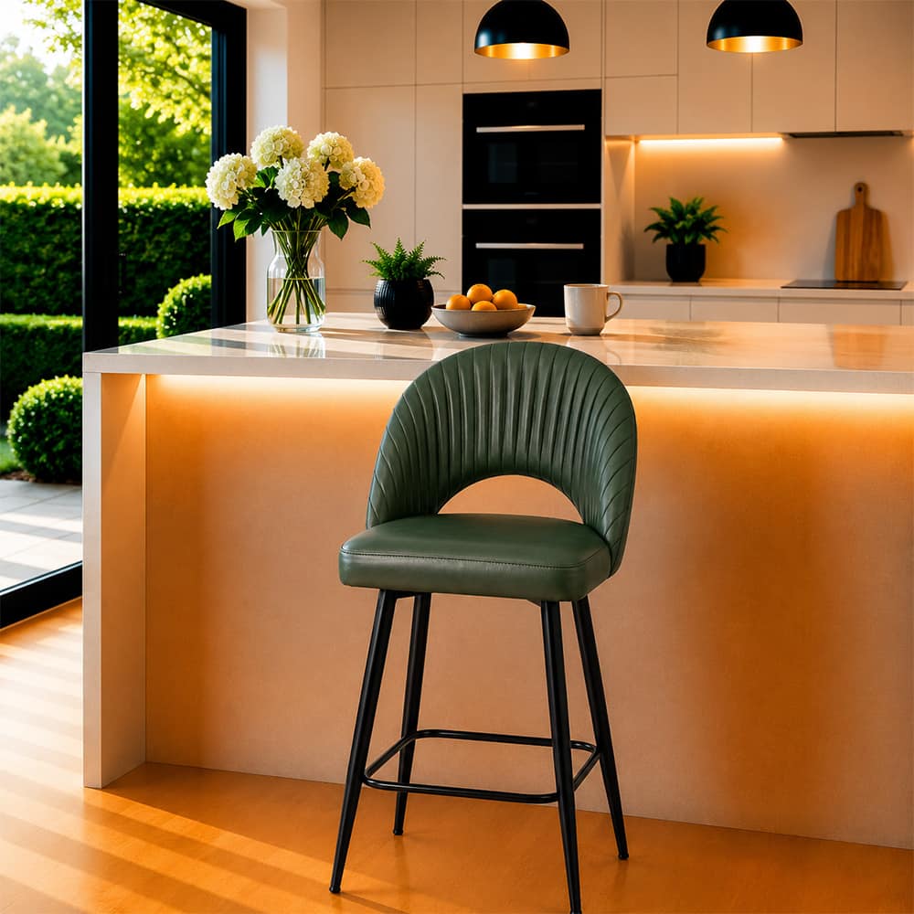 Doe Buck Faux Leather Counter Height Bar Stool in Green Colour with Black Legs - Doe Buck
