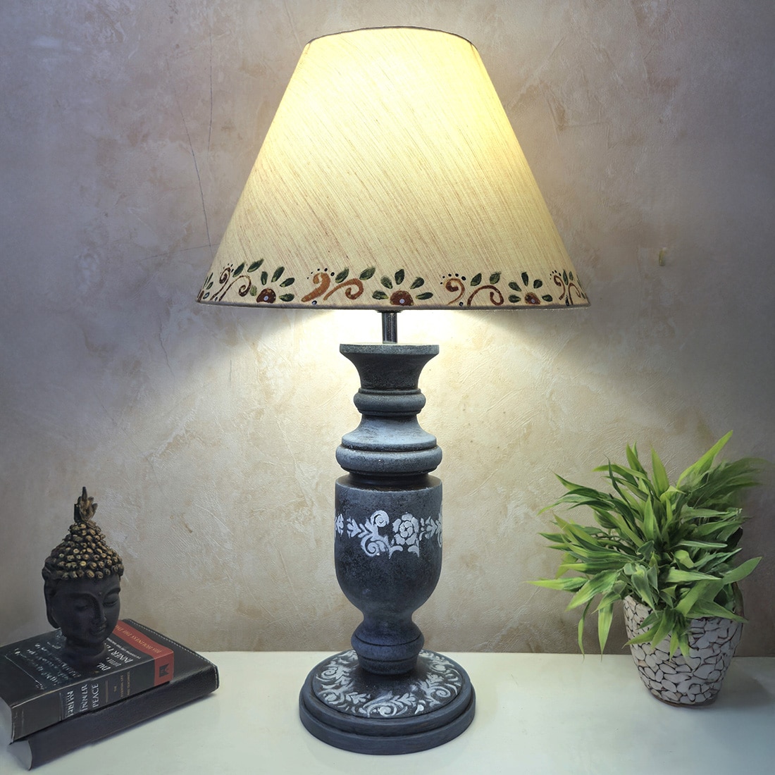 Grey Stone Finish Handpainted And Hancarved Distress Wooden Table Lamp