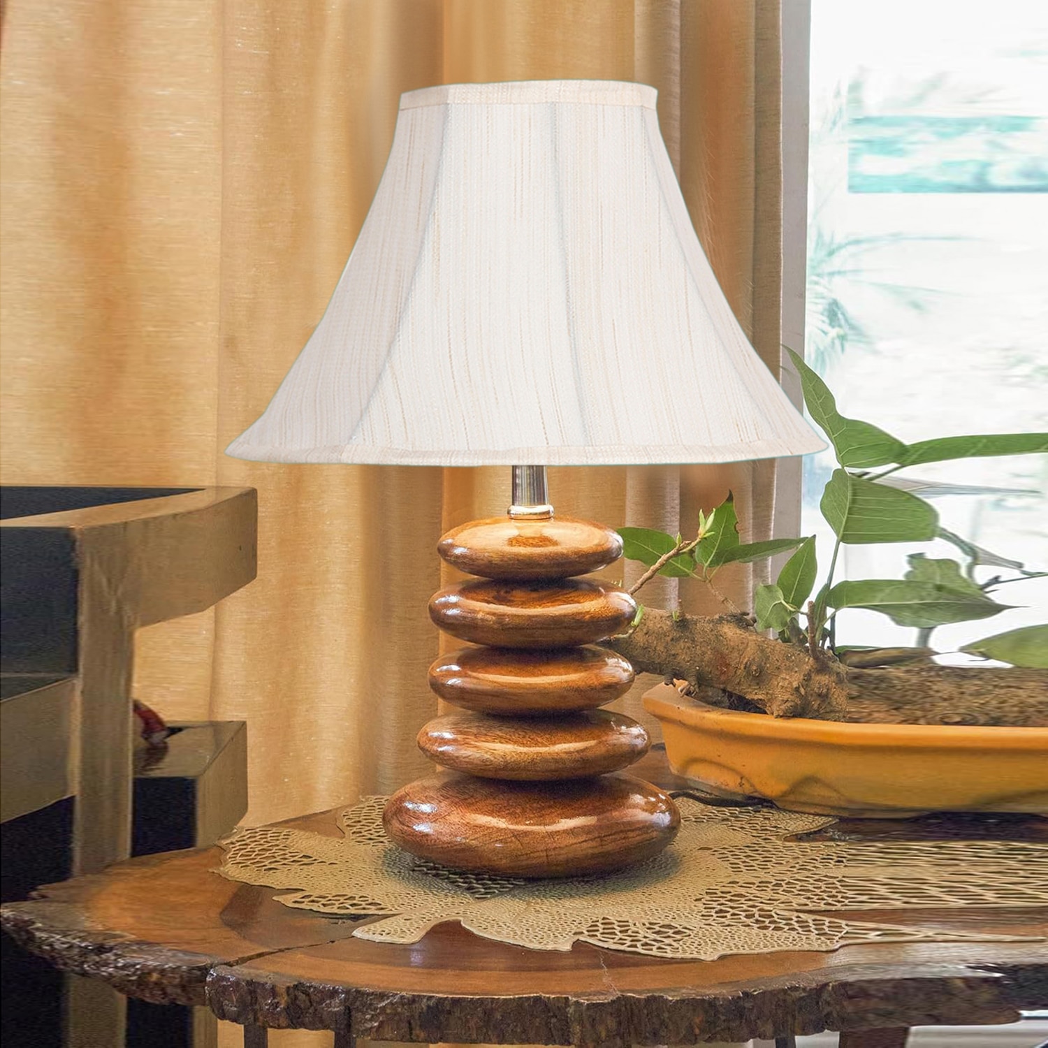 Devansh Off-White Cotton Table Lamp With Wood Pebble Lamp (12X12X16.5) Inches - Devansh