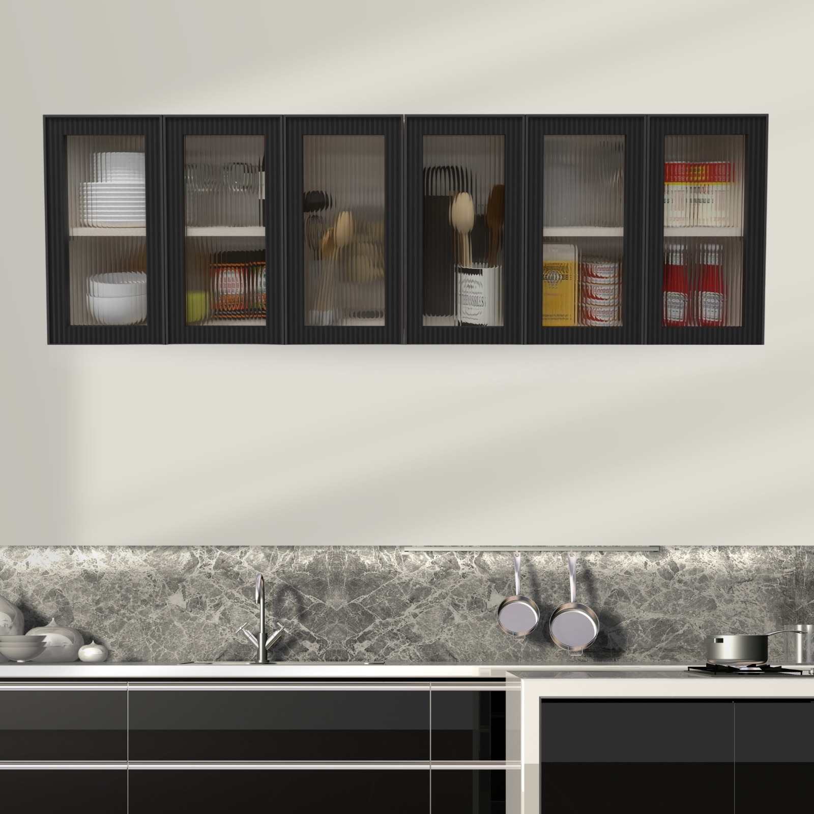 Aluminium Black Profile 6 Fluted Glass Handless Shutters Wall Cabinet In Highland Pine Finish