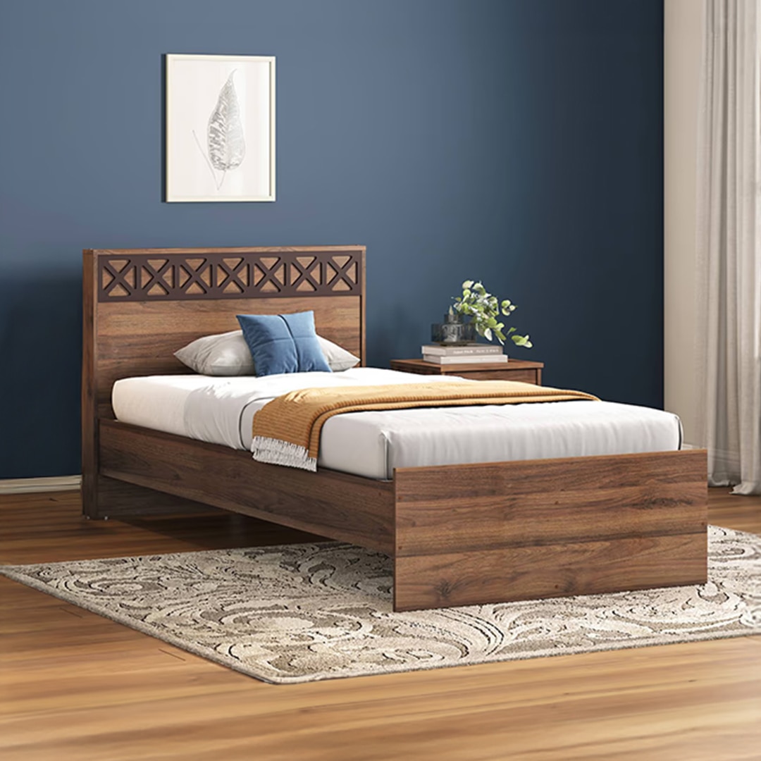 Macy Engineered Wood Single Size Non Storage Bed In Classic Walnut Finish