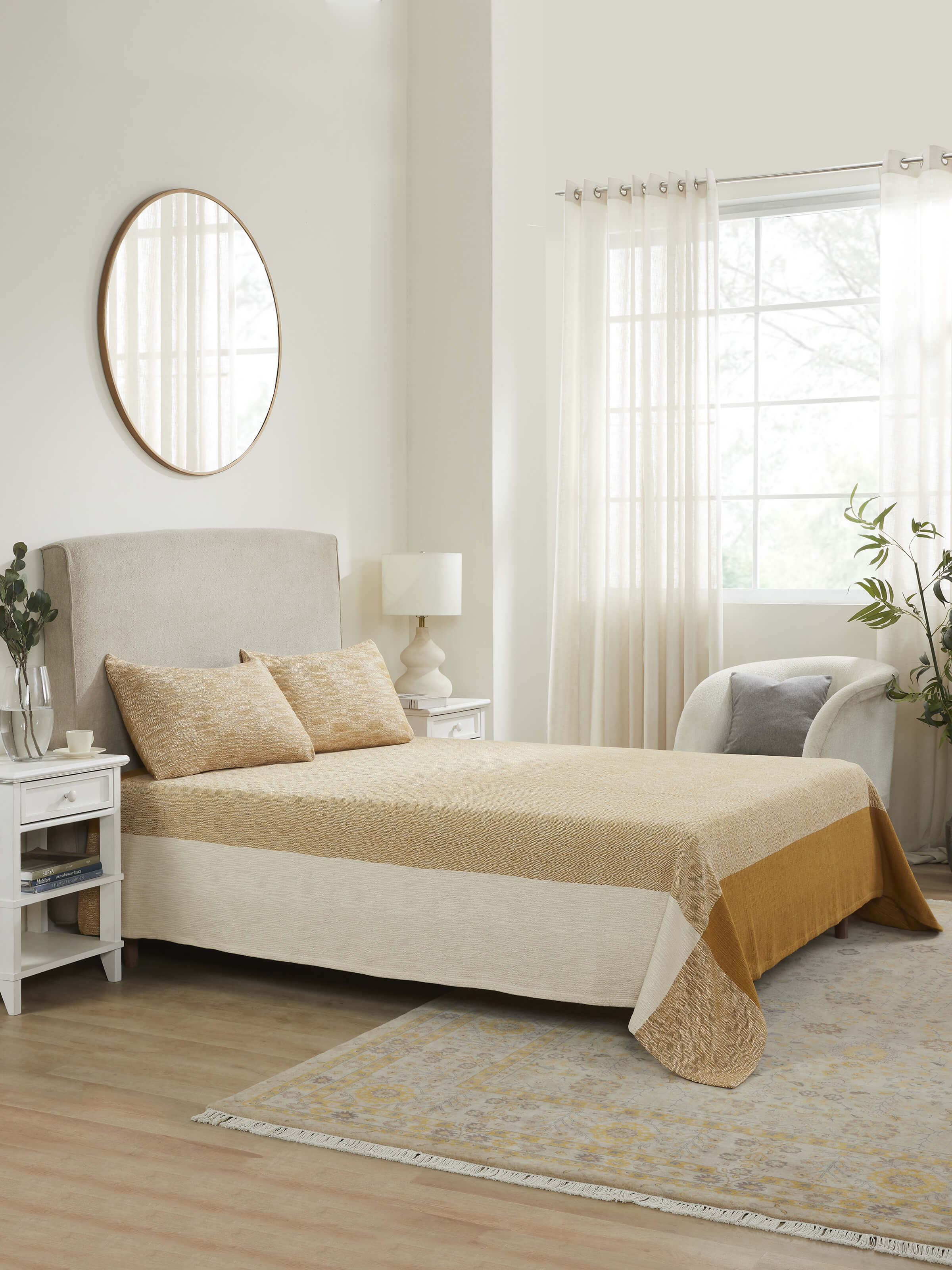 Nabha Ochre Diamond Weave Queen-size Bedspread Set