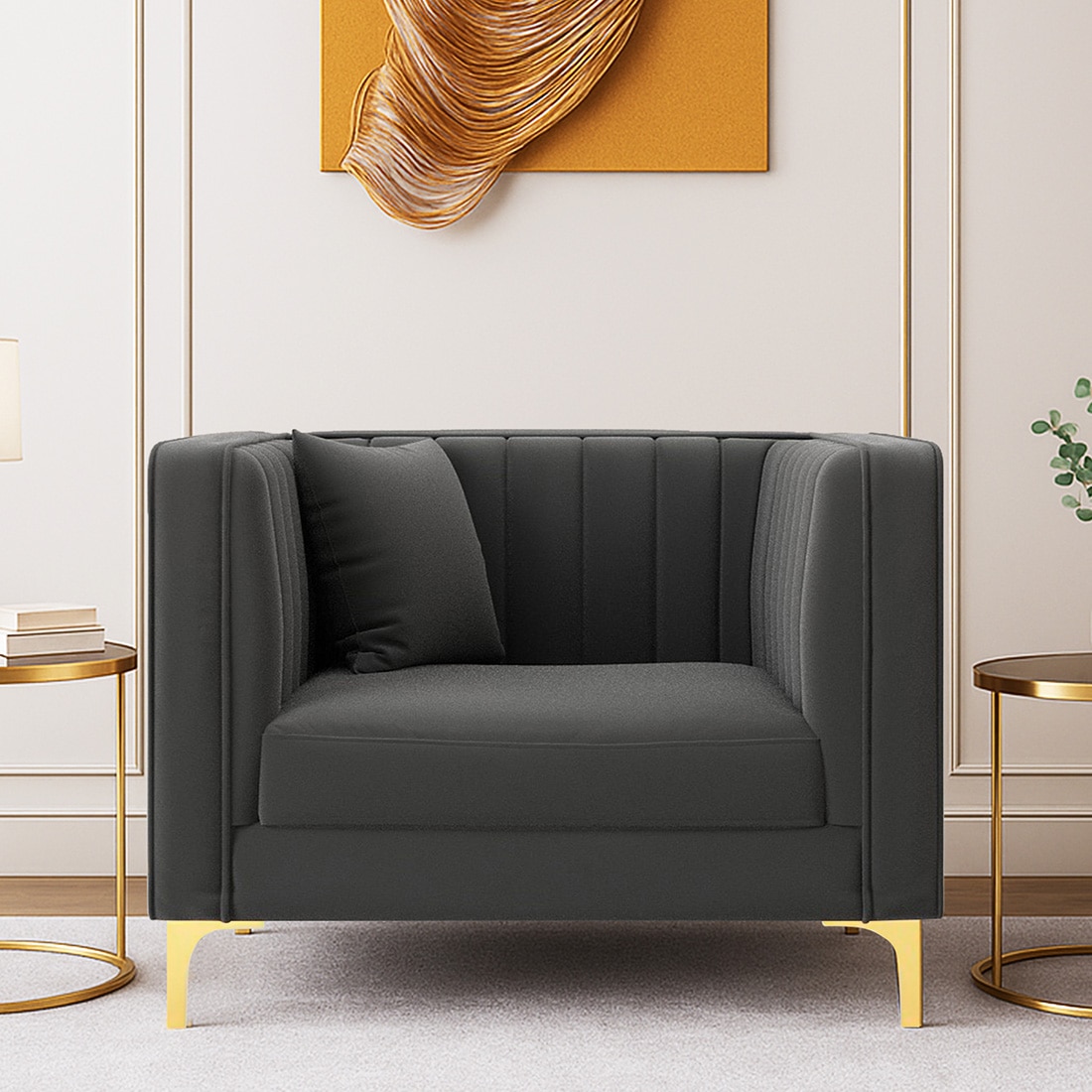 Texude Velvet 1 Seater Sofa in Dark Grey Colour