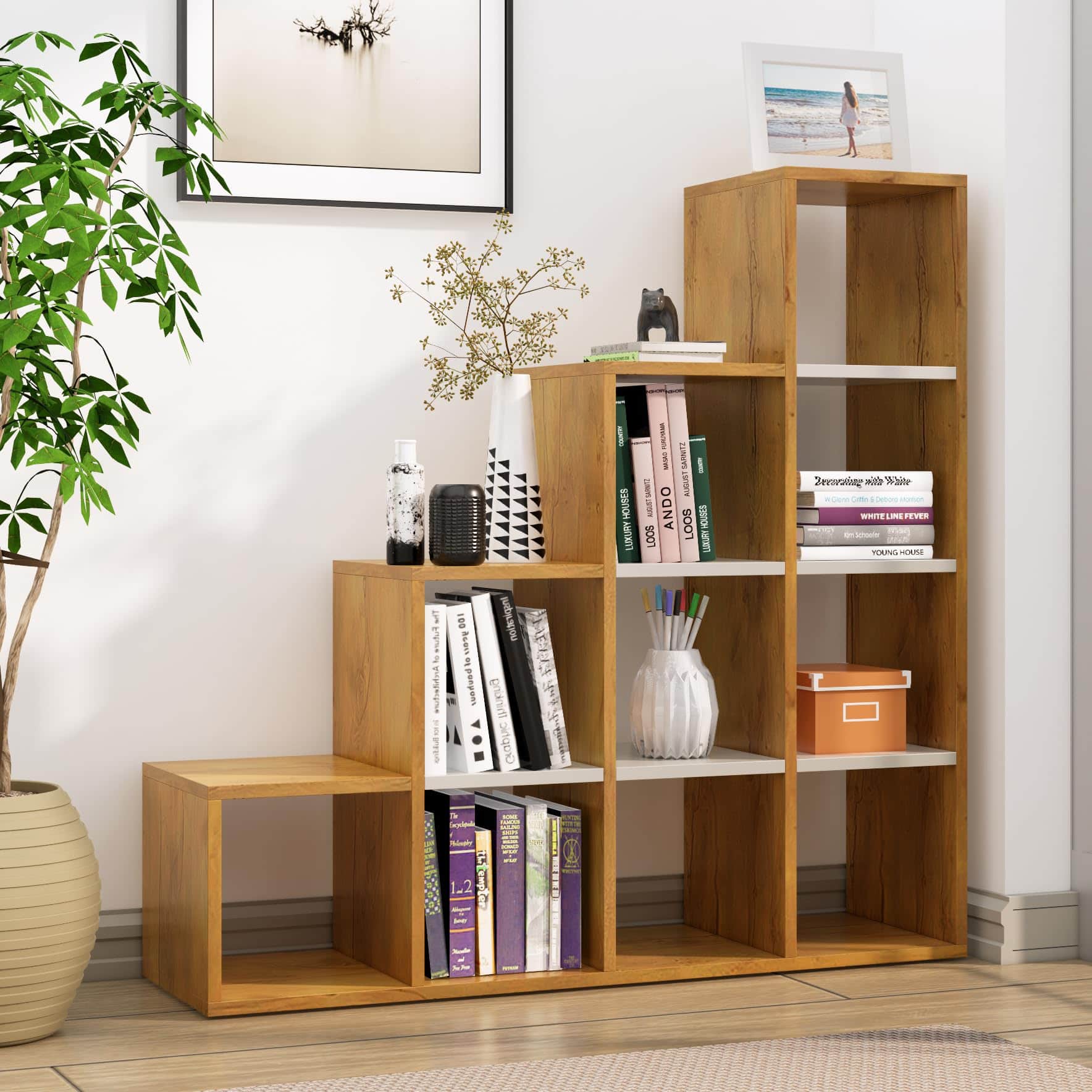 Hexa Engineered Wood Bookshelf Multipurpose Storage Rack in Giant Wood and Frosty White Colour - HexaRed