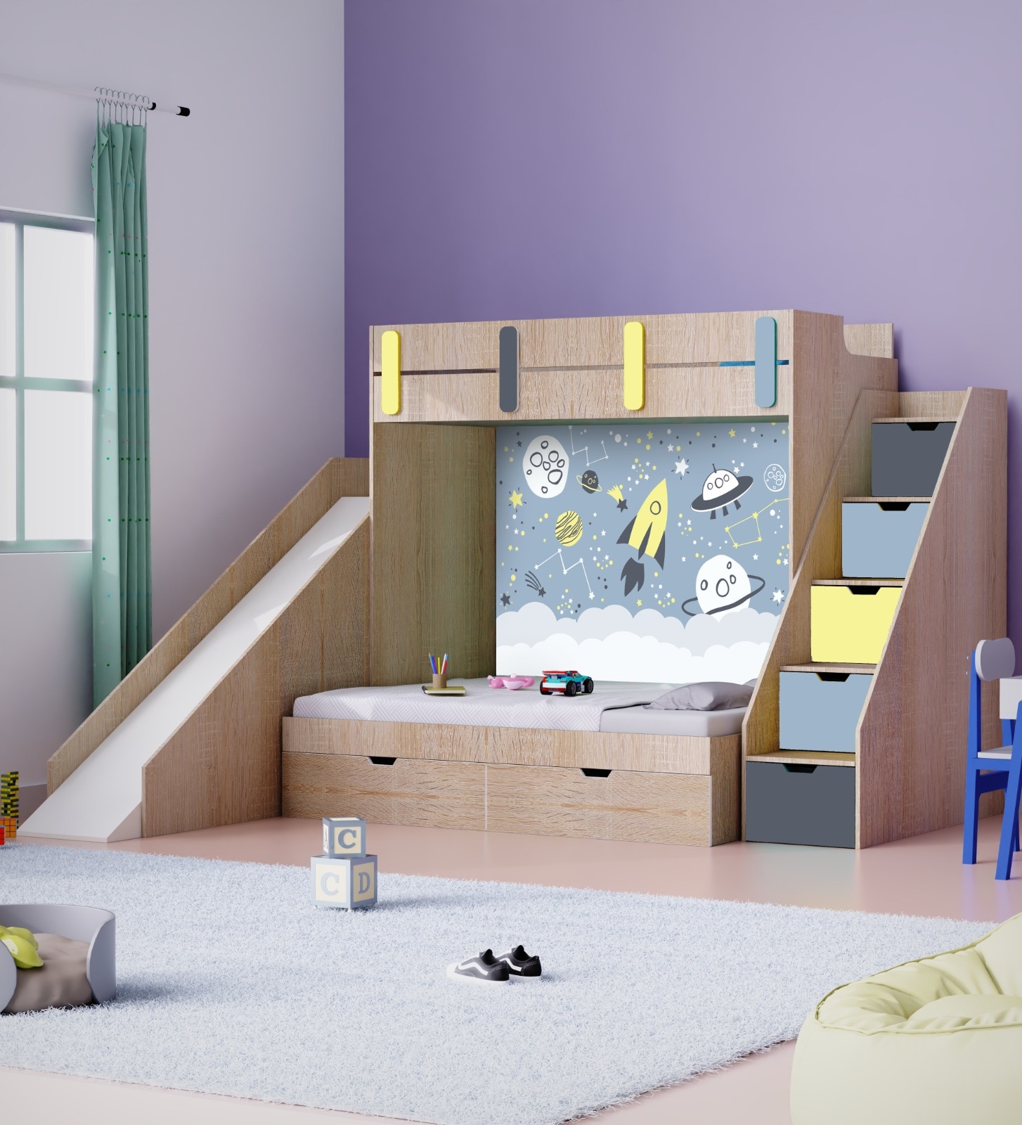 Sleep N SlideBunk Bed 6X5 Drawers On Wheels In Space Colour60