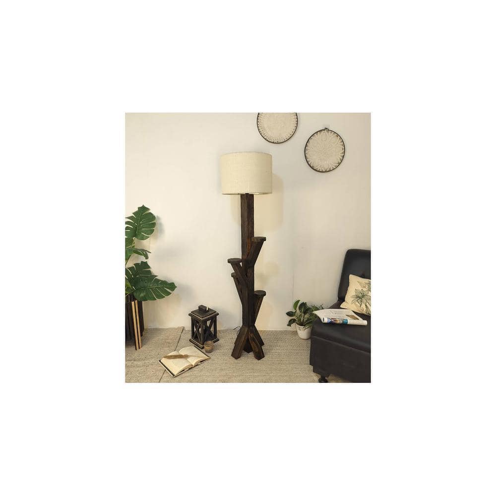 Woods Wooden Floor Lamp with Brown Base and Jute Fabric Lampshade