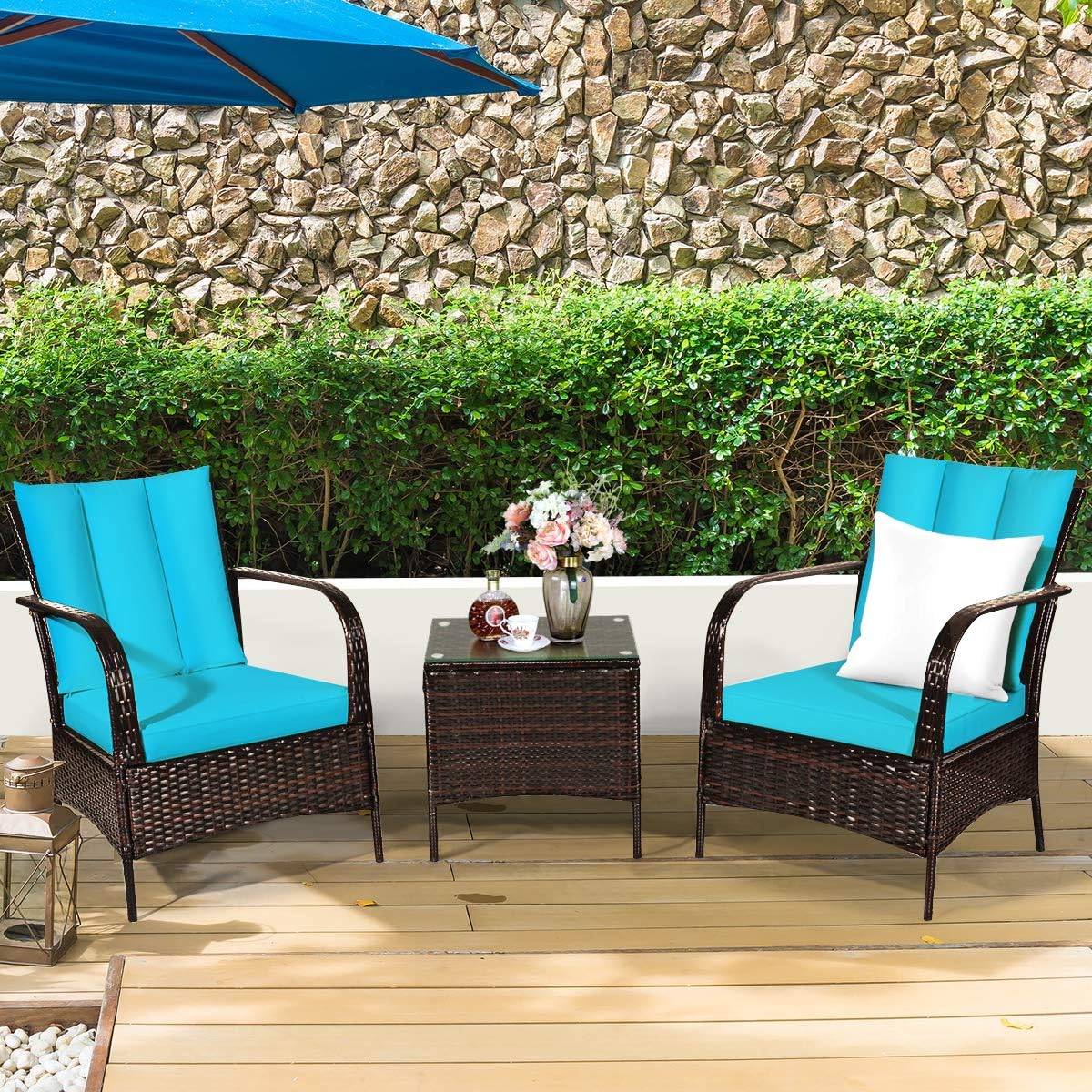 Carry Bird Wicker Patio Furniture Outdoor Balcony Chairs In Brown And Sky Blue Colour