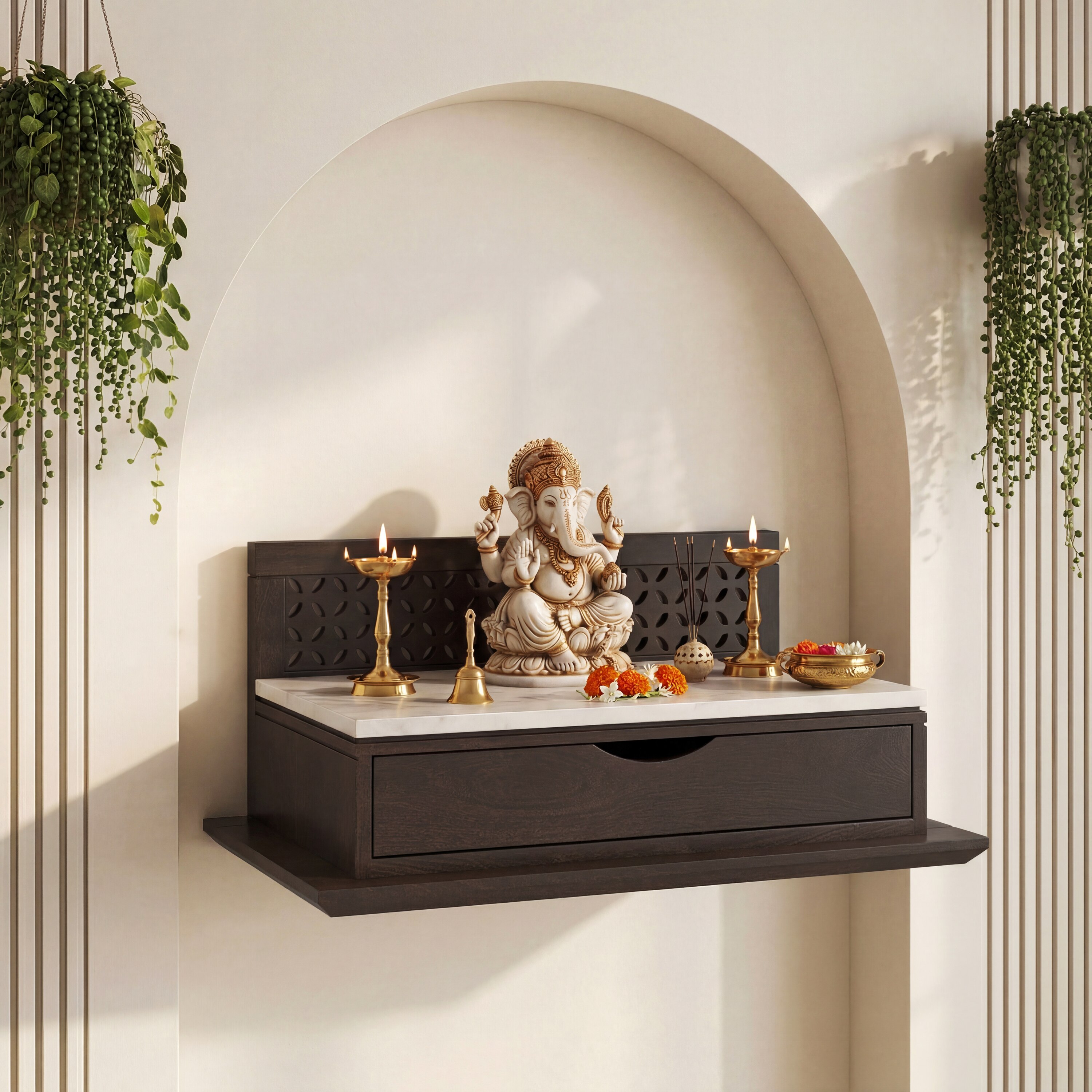 Devoto Solid Wood Wall Mounted Prayer Unit In Dark Chestnut Finish