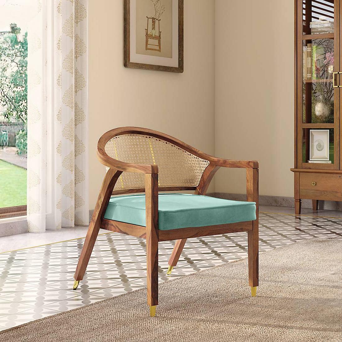 Hayworth Lounge Chair in Teak Finish and Dusty Turquoise Velvet Colour