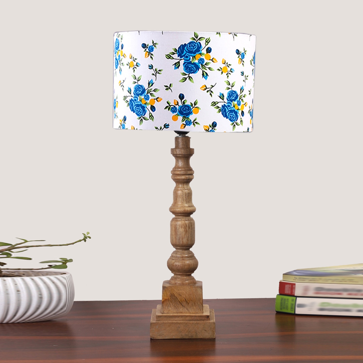 Devansh Multicolor Cotton Table Lamp With Wood Natural Base (7X7X21.25 Inches)-15