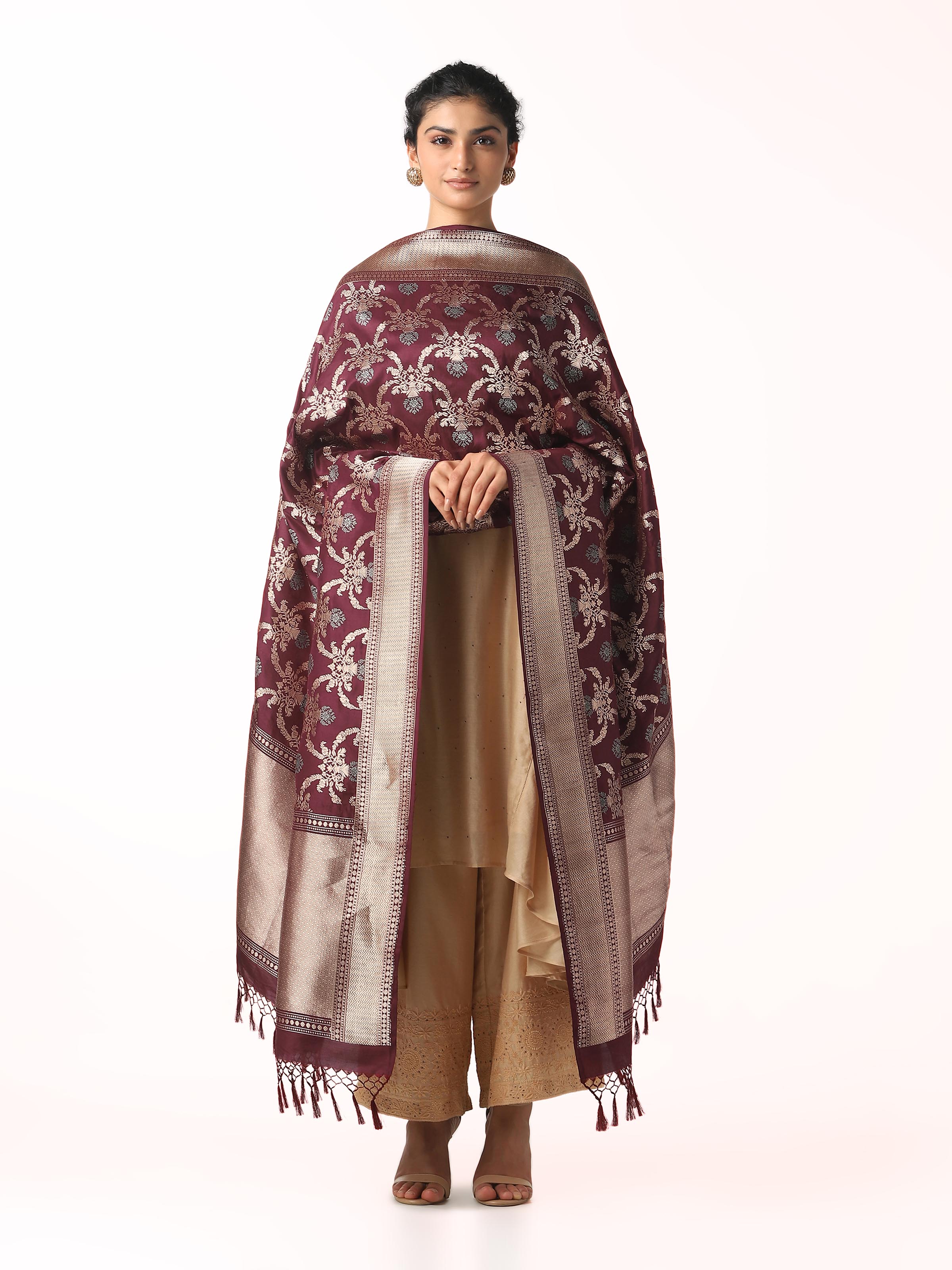 Front view of brown silk Banarasi dupatta with rich woven motifs