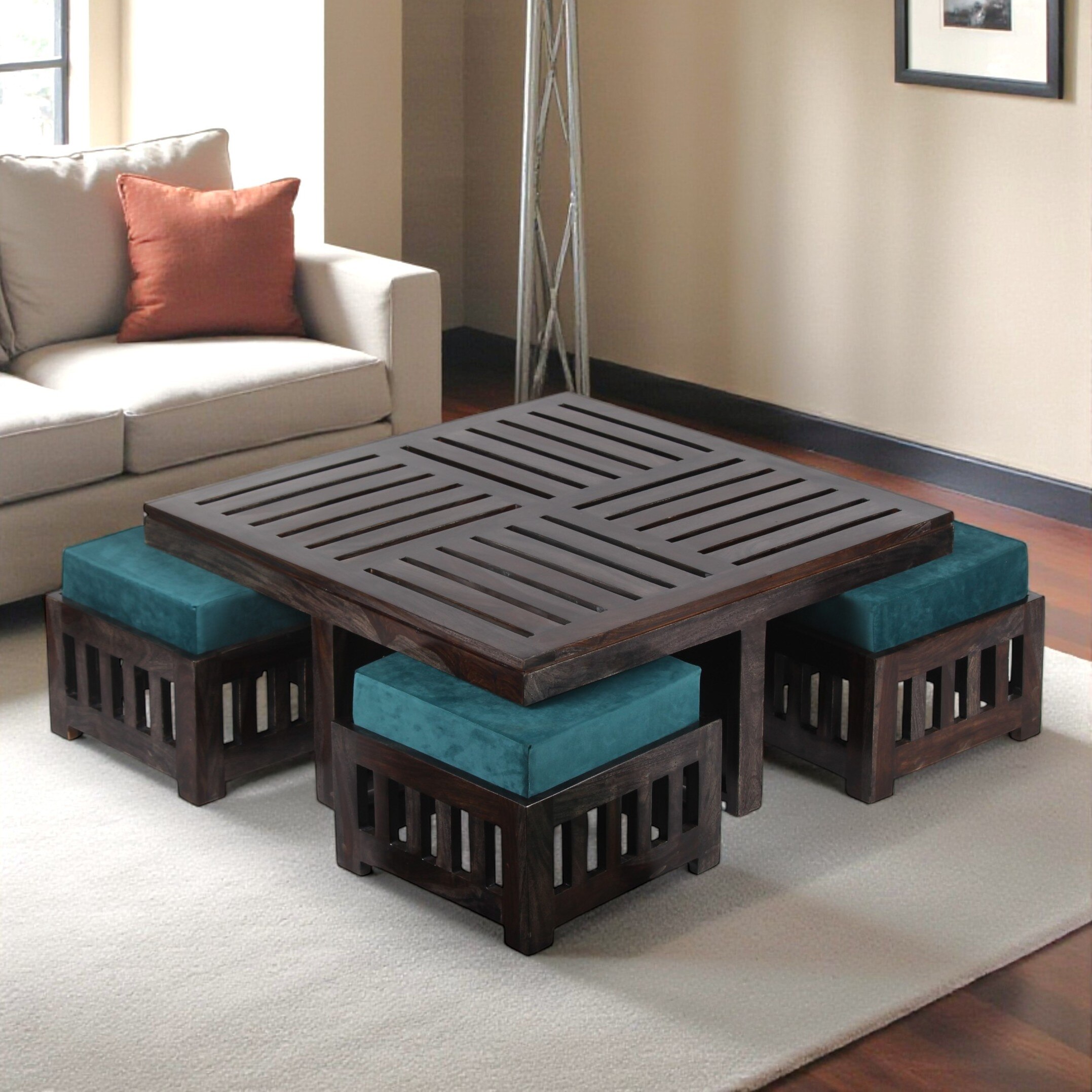 Palladio Sheesham Wood Coffee Table With 4 Stools Set In Mahogany Finish & Turquoise Sea Velvet Fabric Cushions