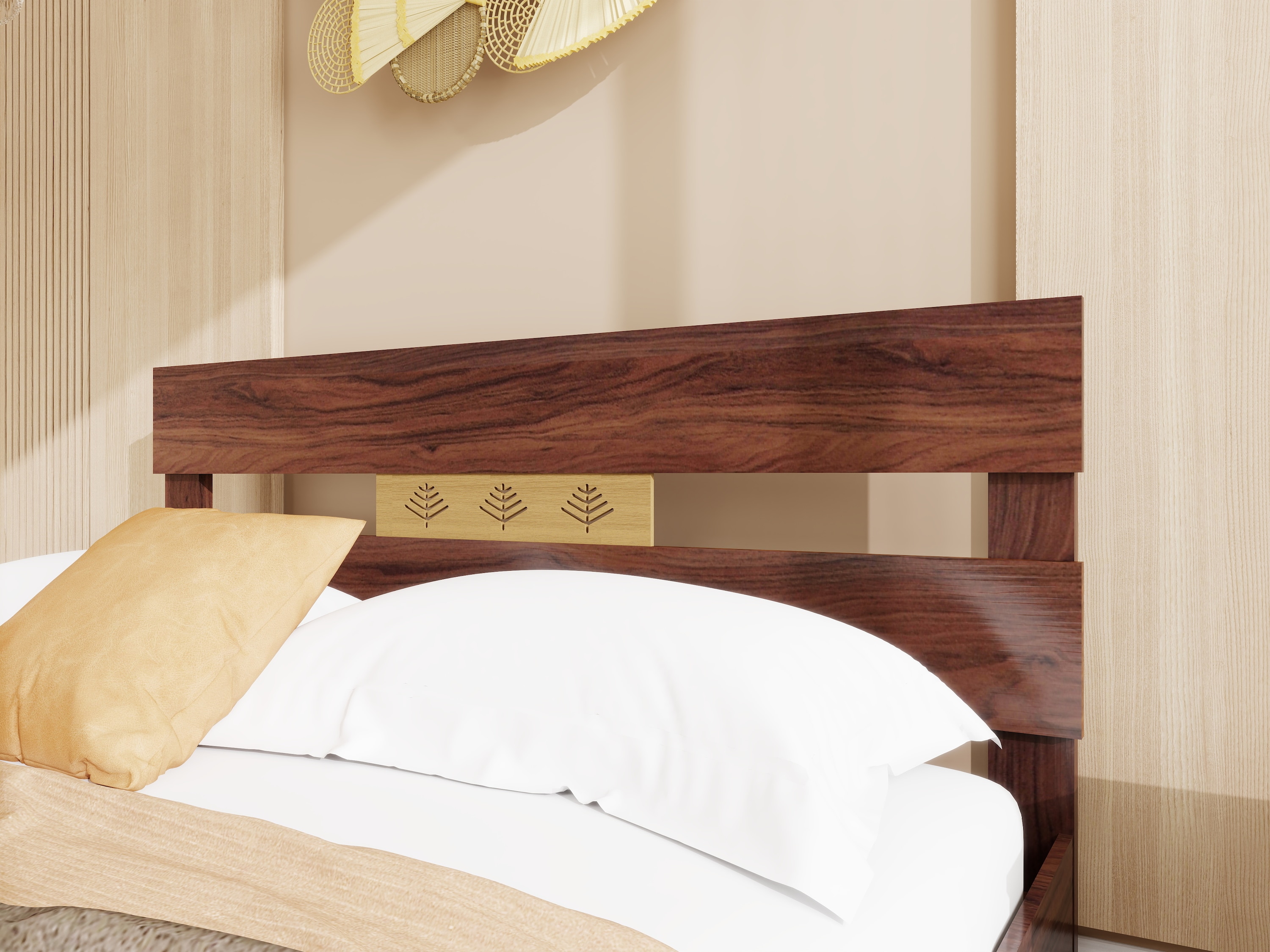 Yumako Harmony Bedroom Set – Queen Bed, 3-Door Wardrobe & Bedside Table in Walnut Finish – Engineered Wood