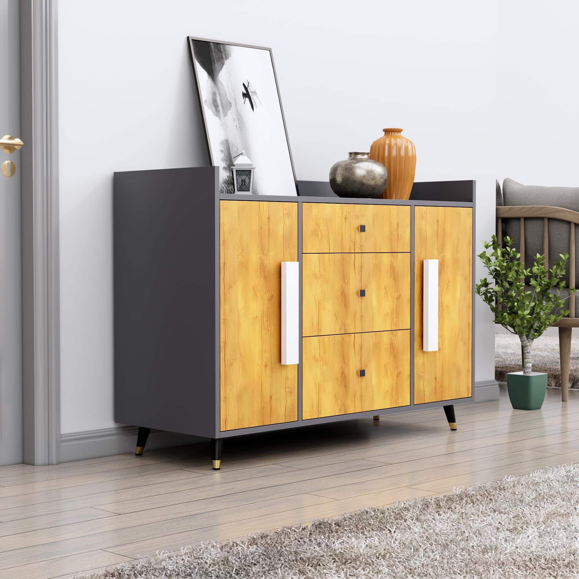 Hexa Red Multipurpose Storage Cabinet With 3 Drawer 2 Door in Slate Grey And Giant Wood Colour - HexaRed