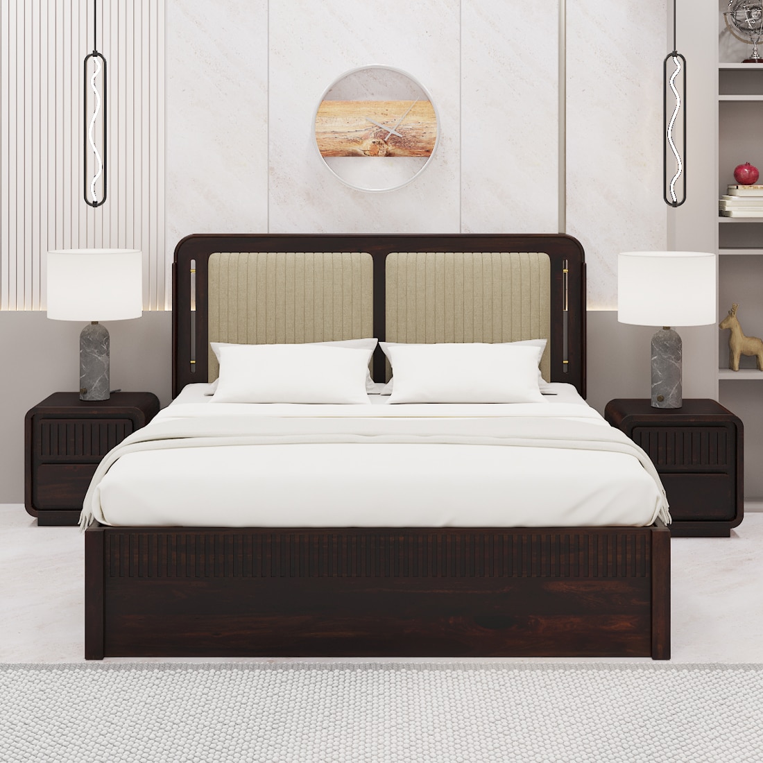 Lotus Solid Wood Queen  Size Upholstered Bed With Drawer Storage (Walnut Finish)