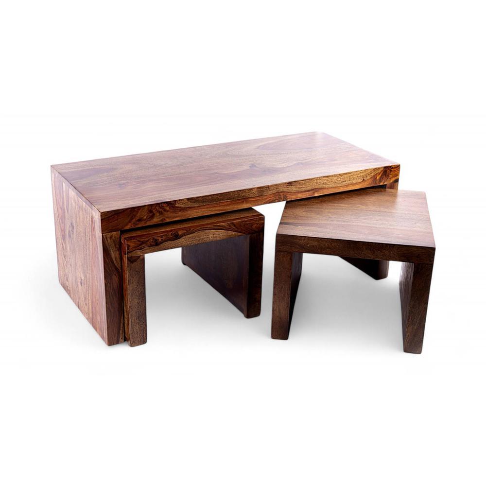 Kassel Sheesham Wood 2 Seater Coffee Table Set In Teak Finish