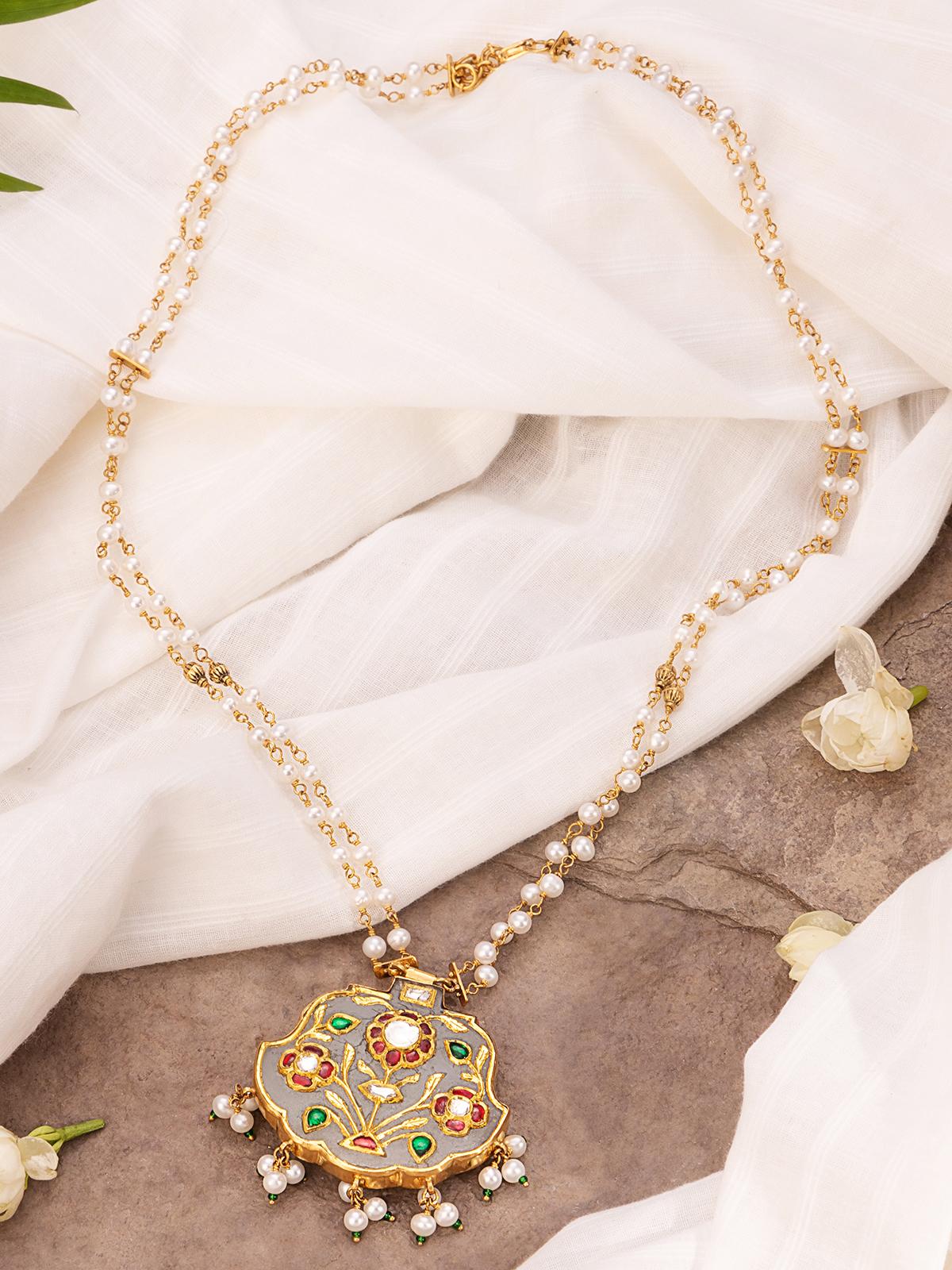 Close-up of Stone Inlay 22 Karat Gold Collar Necklace by Swadesh focusing on the intricate stonework and polished gold surface