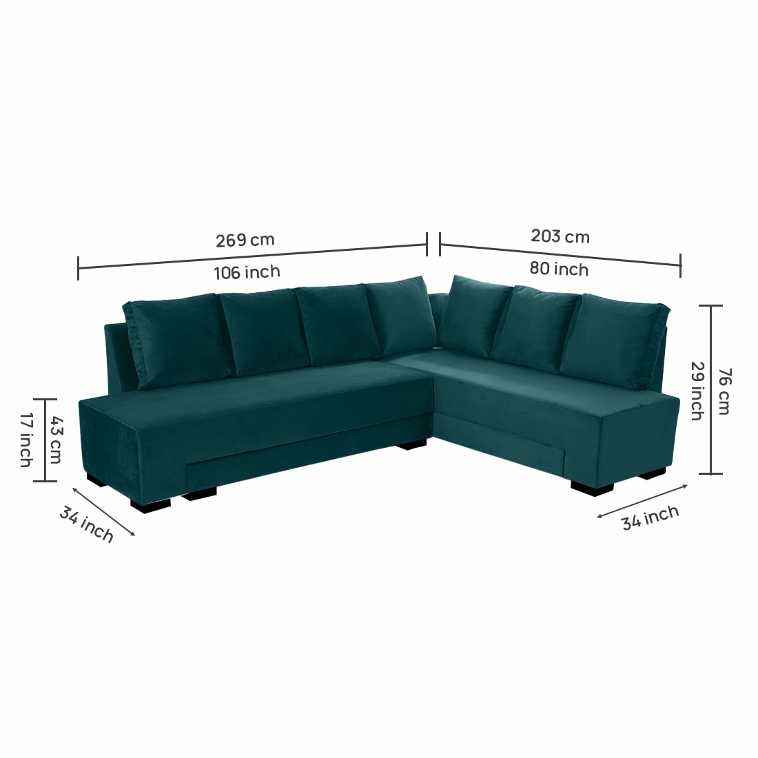 Melo 3 Seater Right Sectional Velvet Sofa Cum Bed in Teal Blue colour