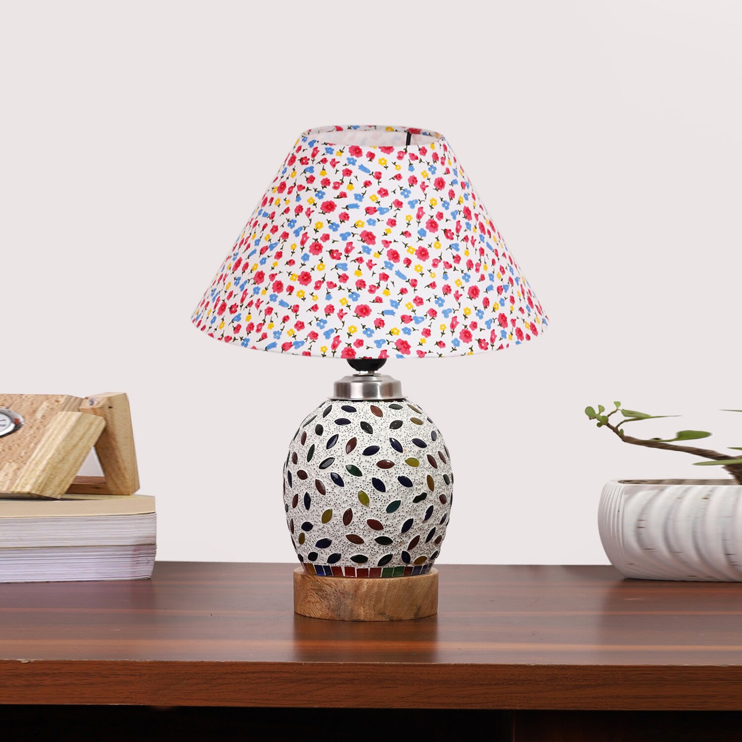 Devansh Conical Multi Cotton Shade Lamp With Wood & Mosaic Glass Base For Decoration/Office/Home/Gifting/Study For Decoration/Office/Home/Gifting/Study -(10X10X14.5) Inches -A