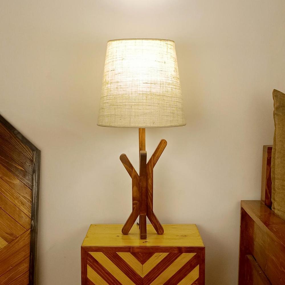 Vrikshya Wooden Table Lamp with Brown Base and Premium White Fabric Lampshade