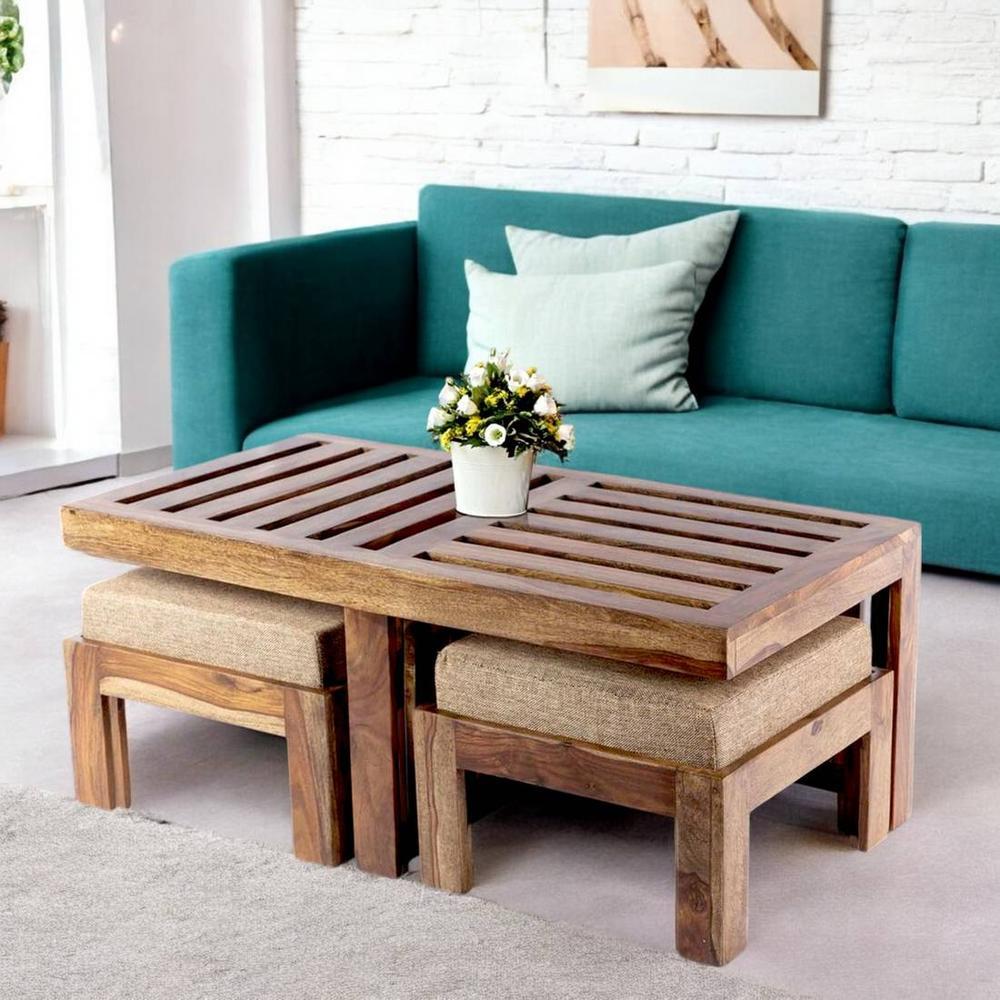 Irish Sheesham Wood 2 Seater Coffee Table Set In Teak Finish