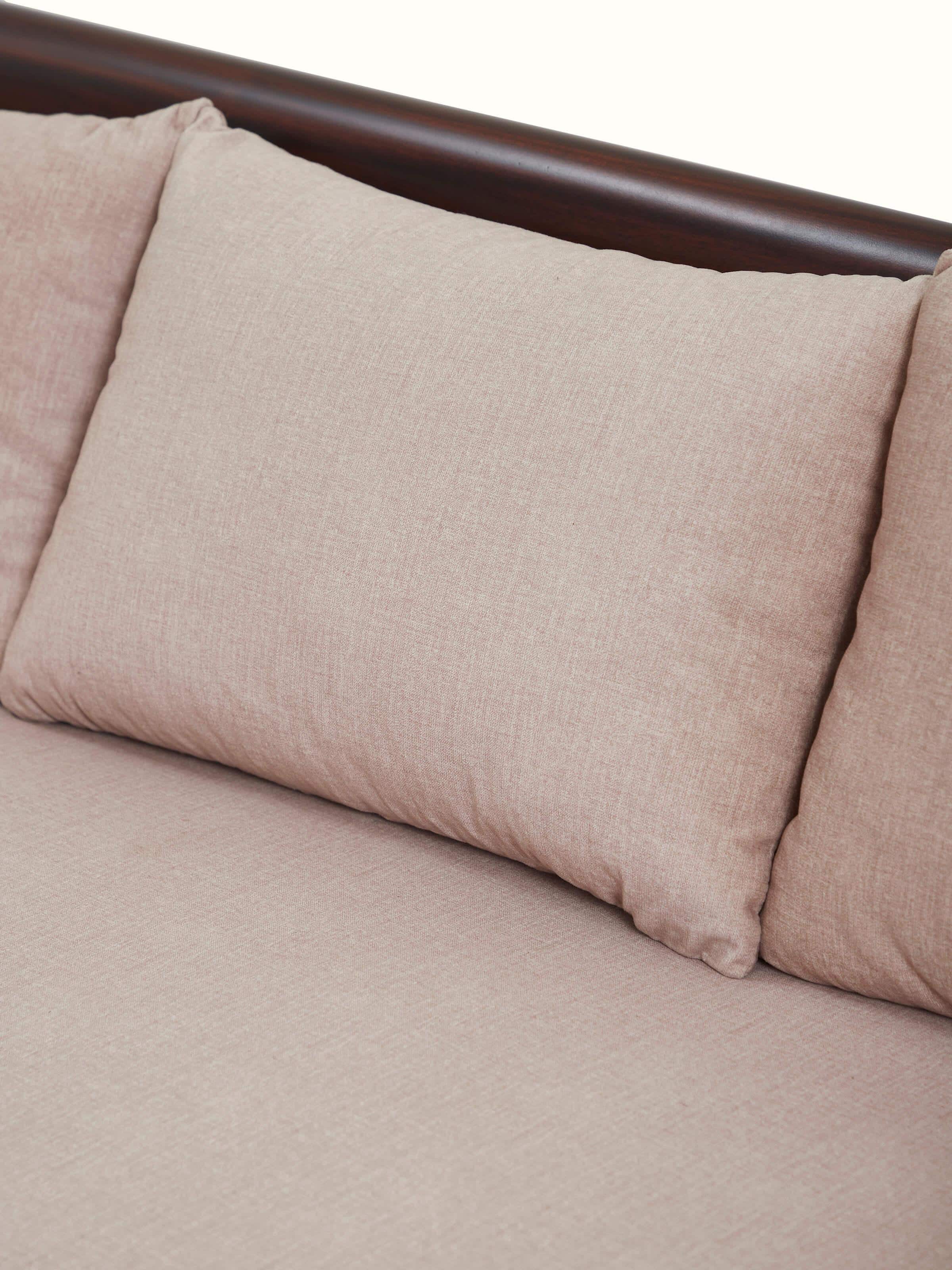 Close-up view of Upholstered Mahogany Wood 3-Seater Sofa displaying the fine fabric texture and smooth wood finish.