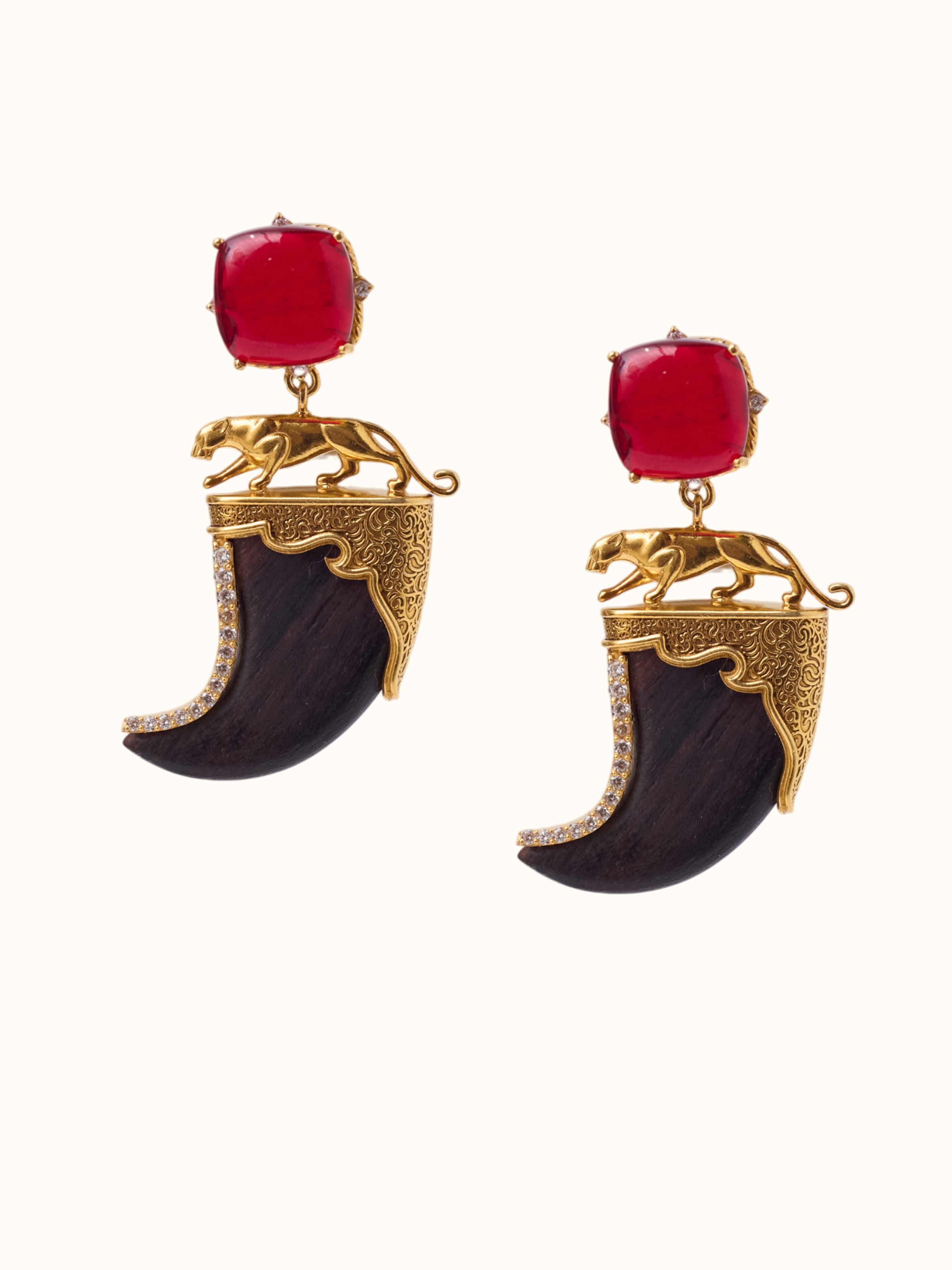 Carved Wood & Silver Drops Earring