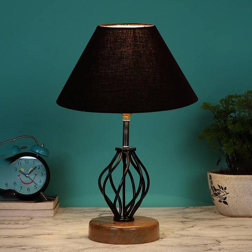 Elaina Black cotton Table lamp with Wood & Iron Base