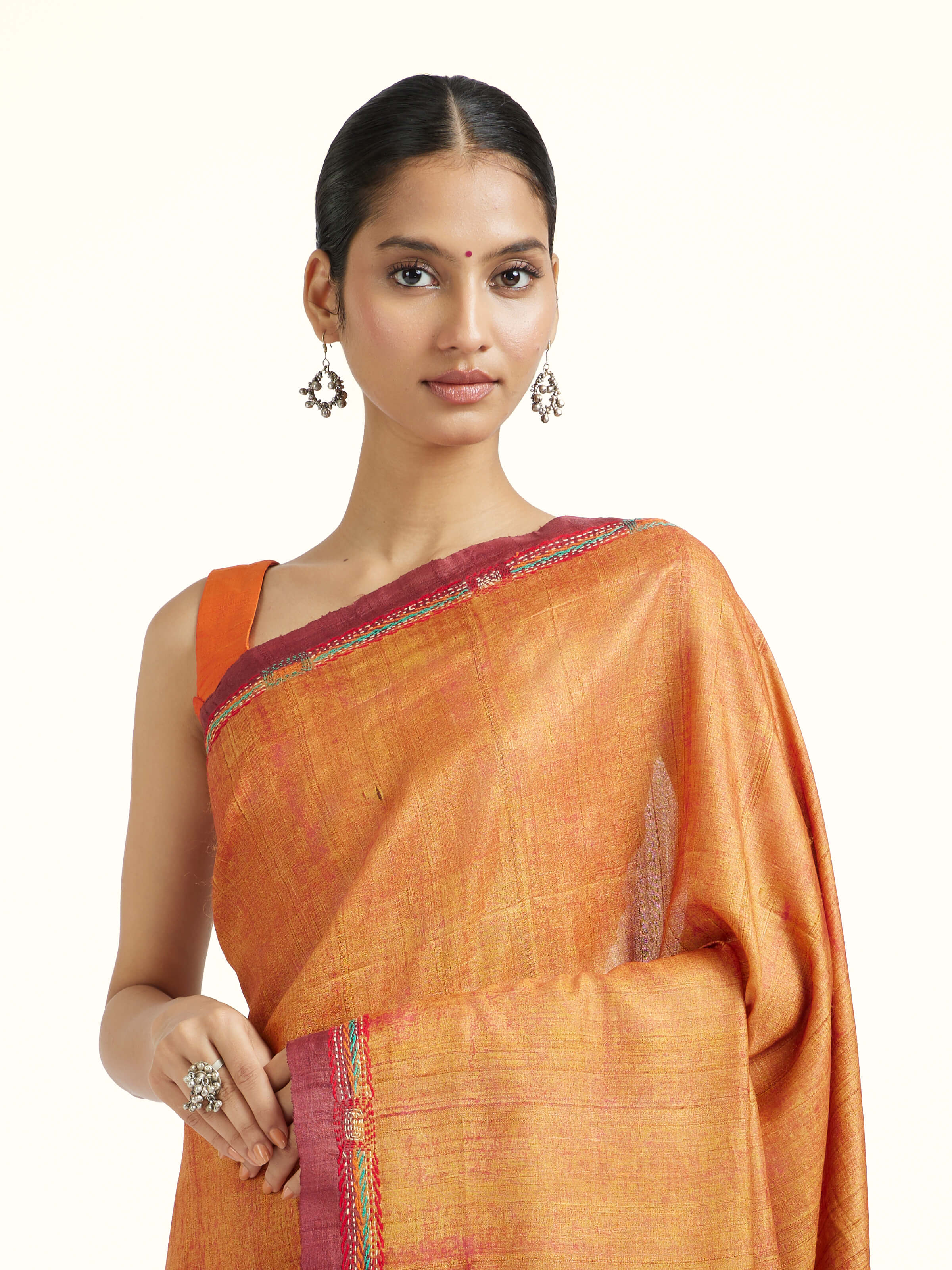 Rustorange Tussar Silk Discharge Block Kantha Embroidered Saree