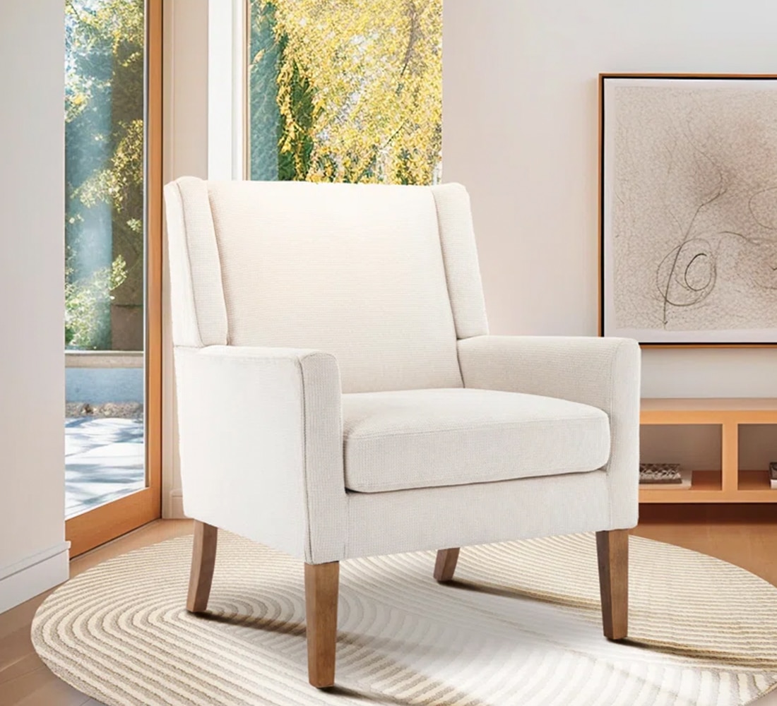 Leston Upholstered Fabric Arm Chair in Off White - KURSIWALLAH