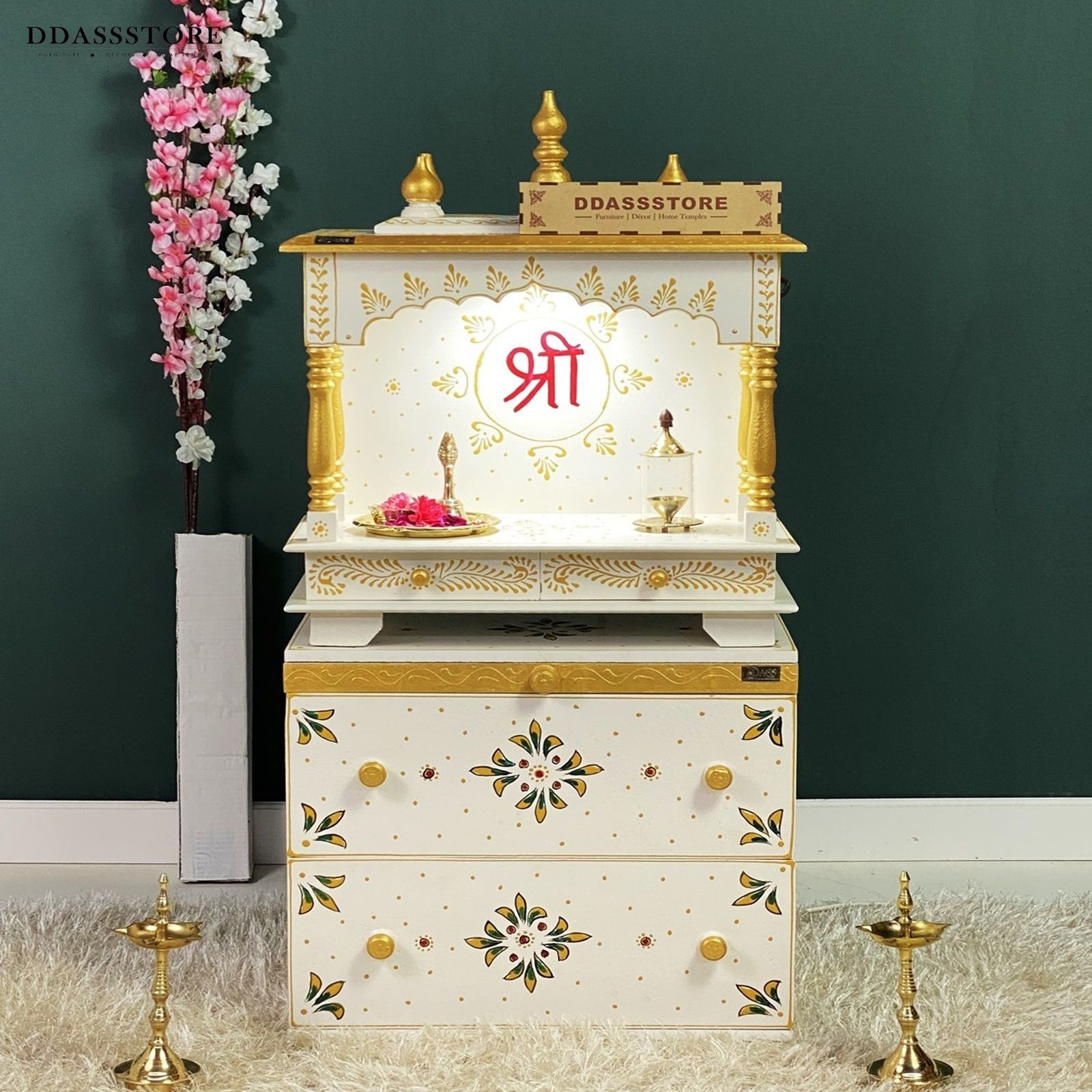 D'Dass Multi Color Mdf and Sheesham Wooden Temple With Cabinet For Pooja - D'DASS