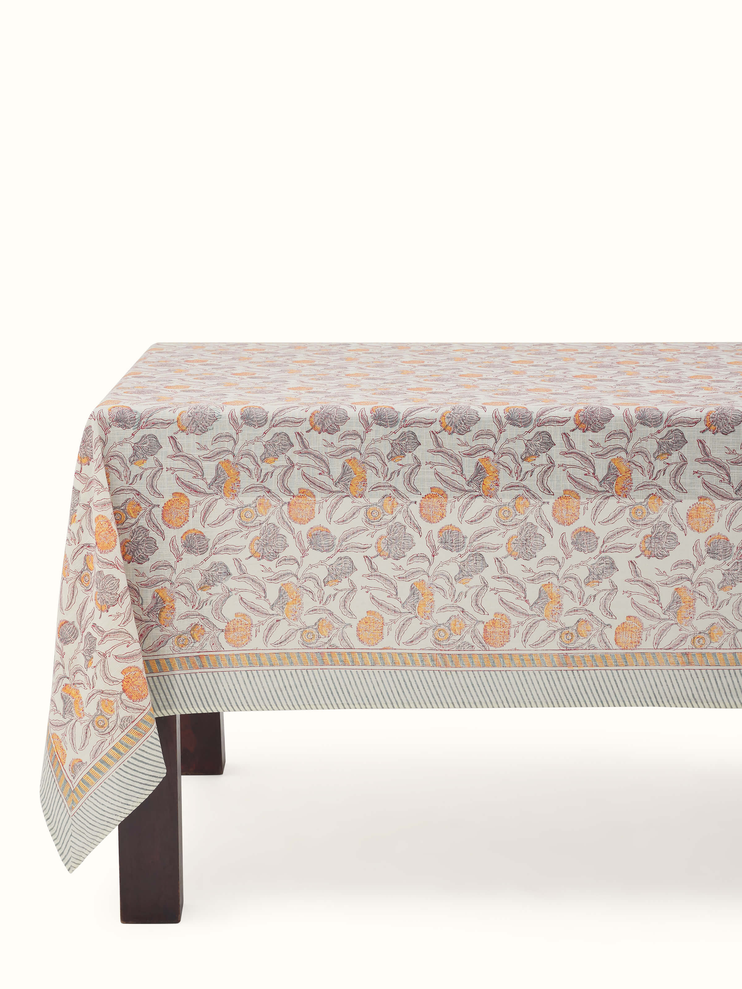 Samaha Grey Floral Cotton Sanganeri Hand Block Printed Table Cover 6 Seater