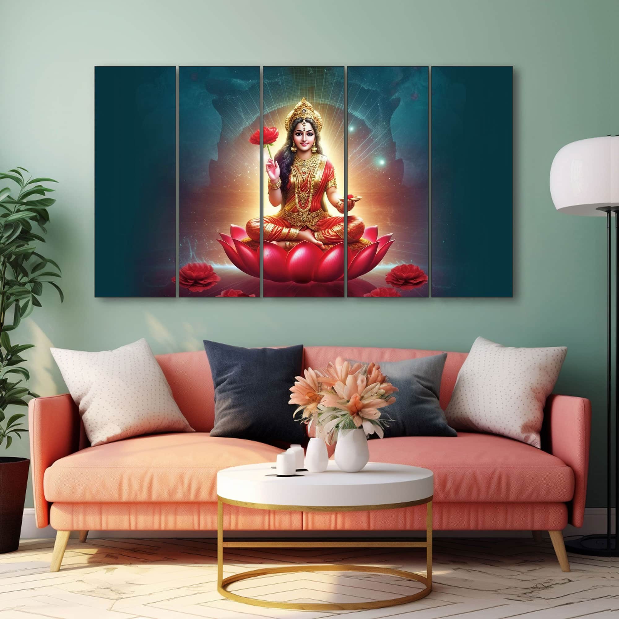 The Castle Decor Goddess Laxmi Wall Painting Wooden Framed 27x48 Inch (Style 4) - The Castle Decor