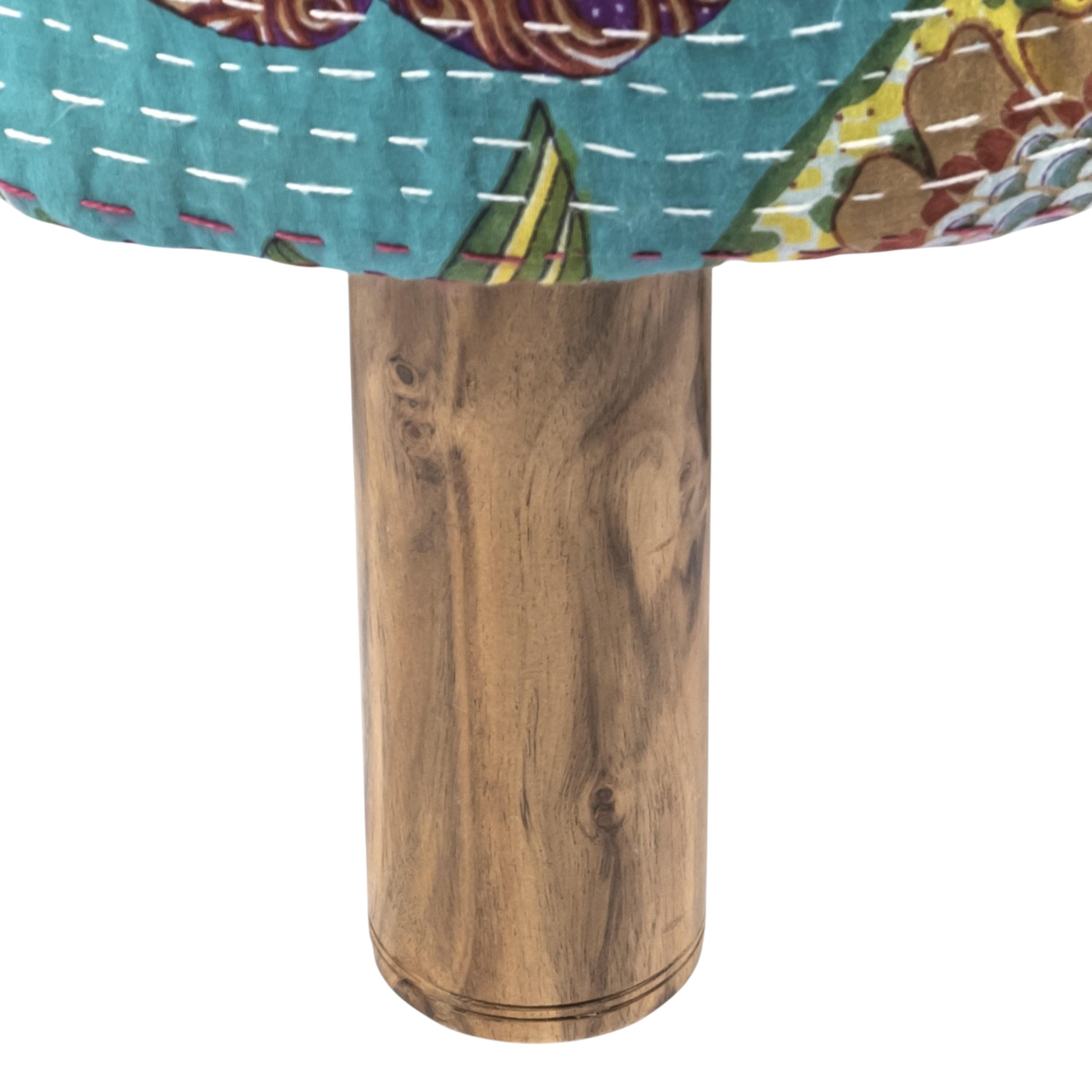 Collio Solid Wood Pouffee in Floral Print Green Kantha Fabric
